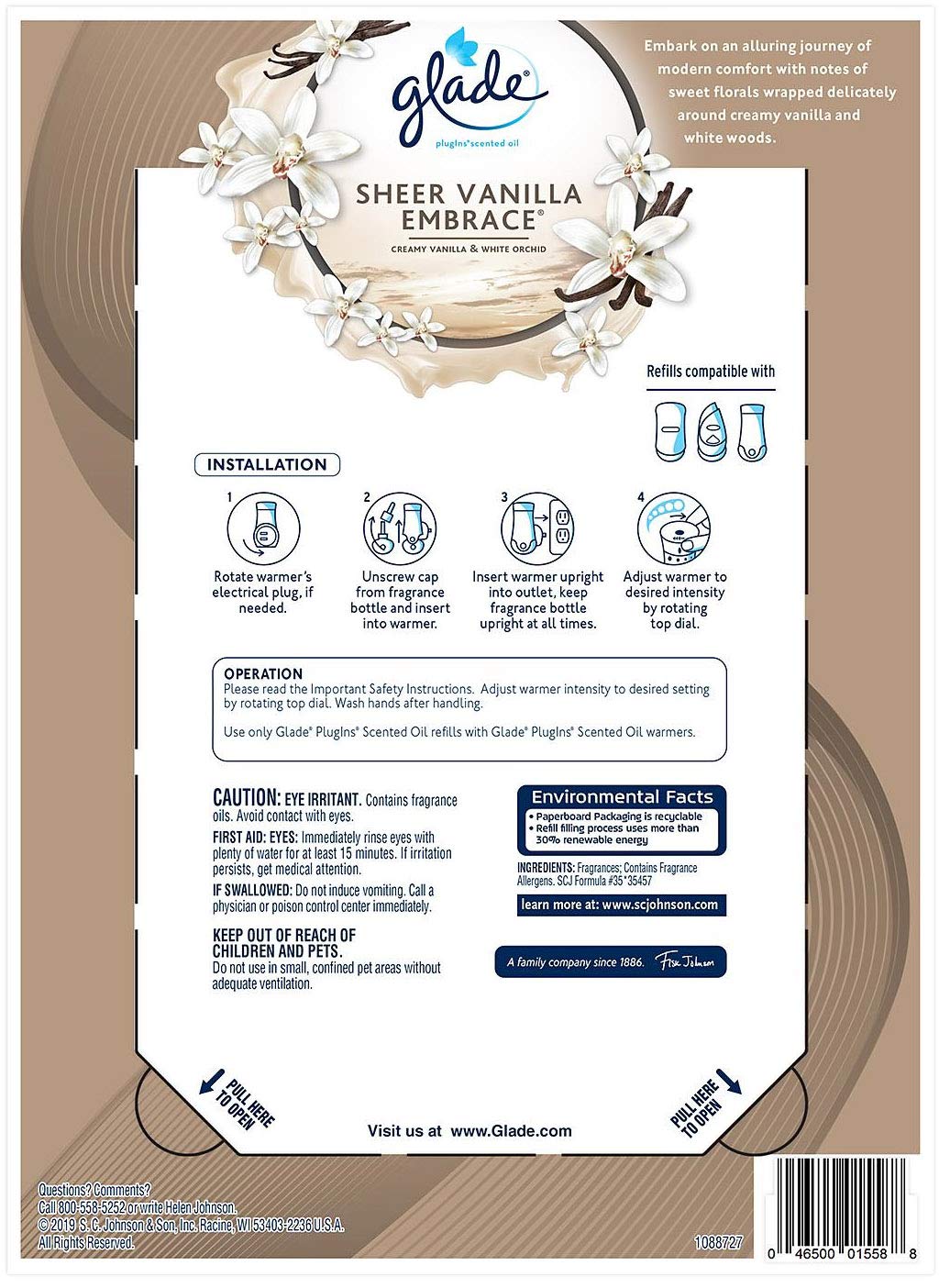 Glade Plugins Scented Oil Warmers Sheer Vanilla Embrace Essential Oil Infused Wall Plug In, 6.39 Ounce, 9 Refills