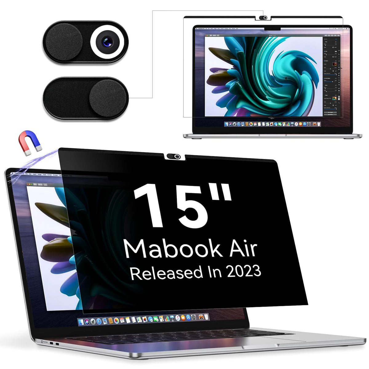 Magnetic Privacy Screen Protector Compatible With Macbook Air 15 Inch (2023 Release), Removable Anti Spy Blue Light Glare Shield