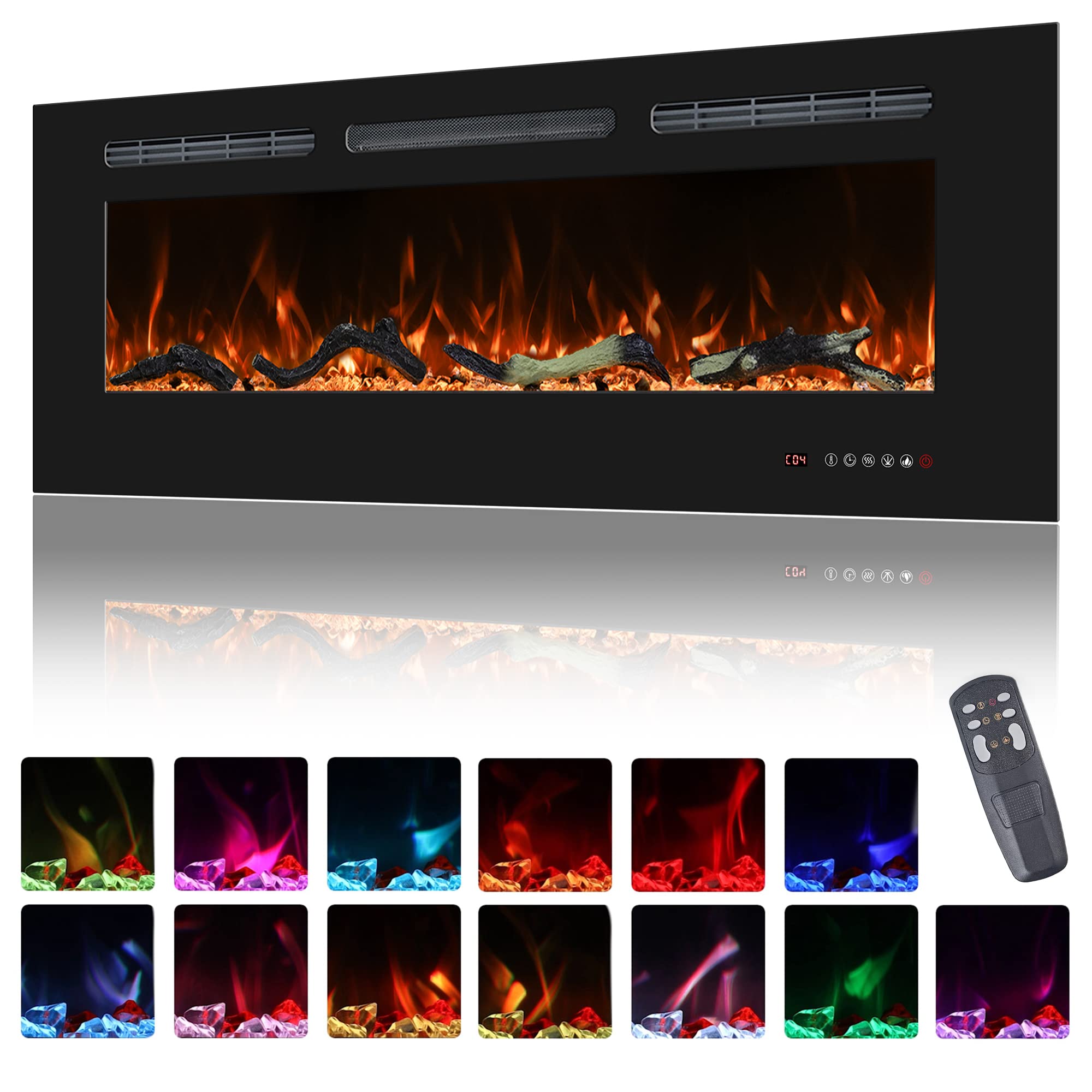 Oxhark Flame 48Inch Electric Fireplace In Wall Recessed And Wall Mounted Fireplace Electric, 13 Flame Colors, Realistic Logs &Cr