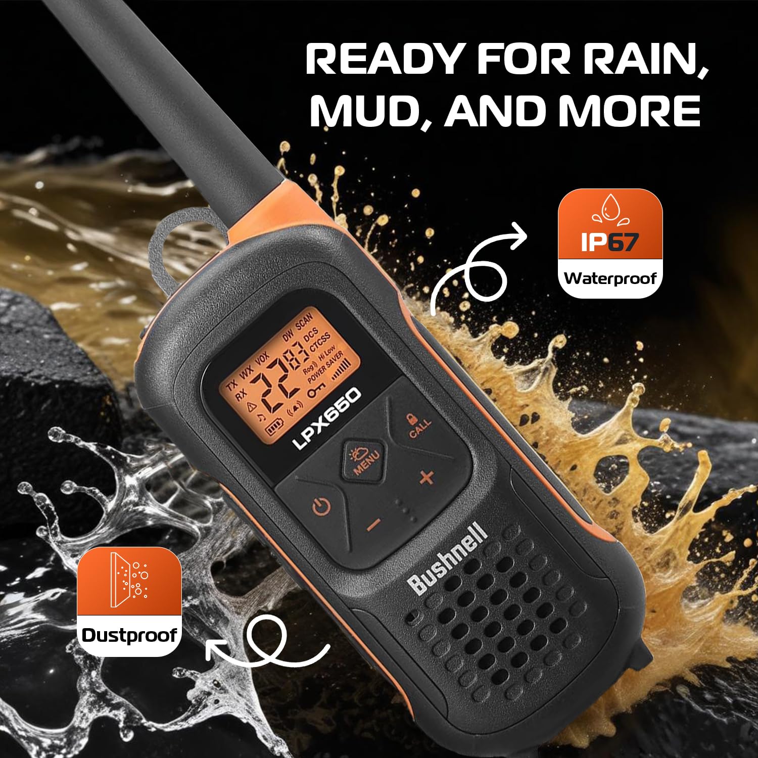Bushnell Lpx650 Walkie Talkie Radio   Reliable Quality, Rugged Floating Design, 2W Power For 42 Miles Of Range, Two Way Radios E