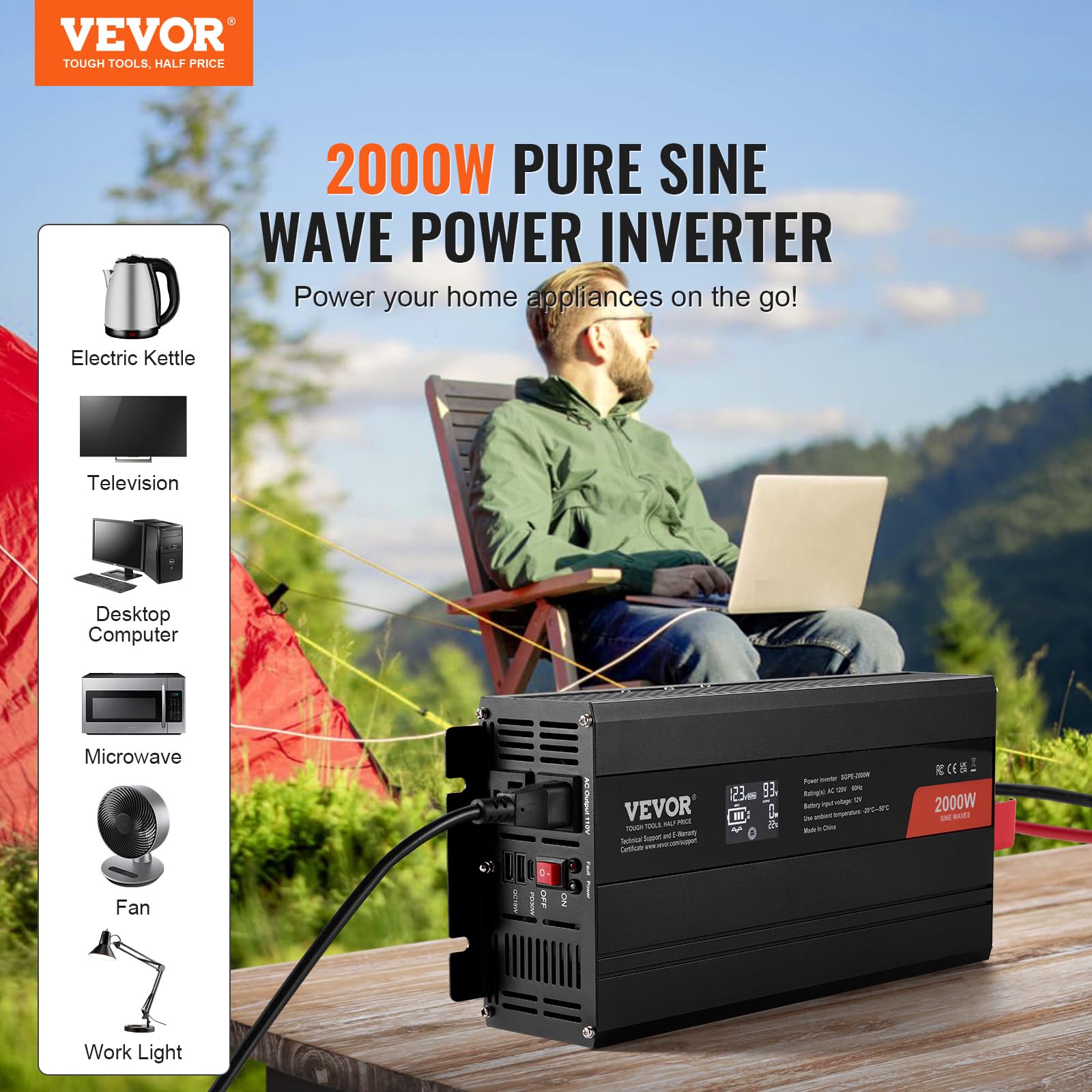 Vevor Pure Sine Wave Inverter, 2000 Watt, Dc 12V To Ac 120V Power Inverter With 2 Ac Outlets 2 Usb Port 1 Type-C Port, Lcd Displ