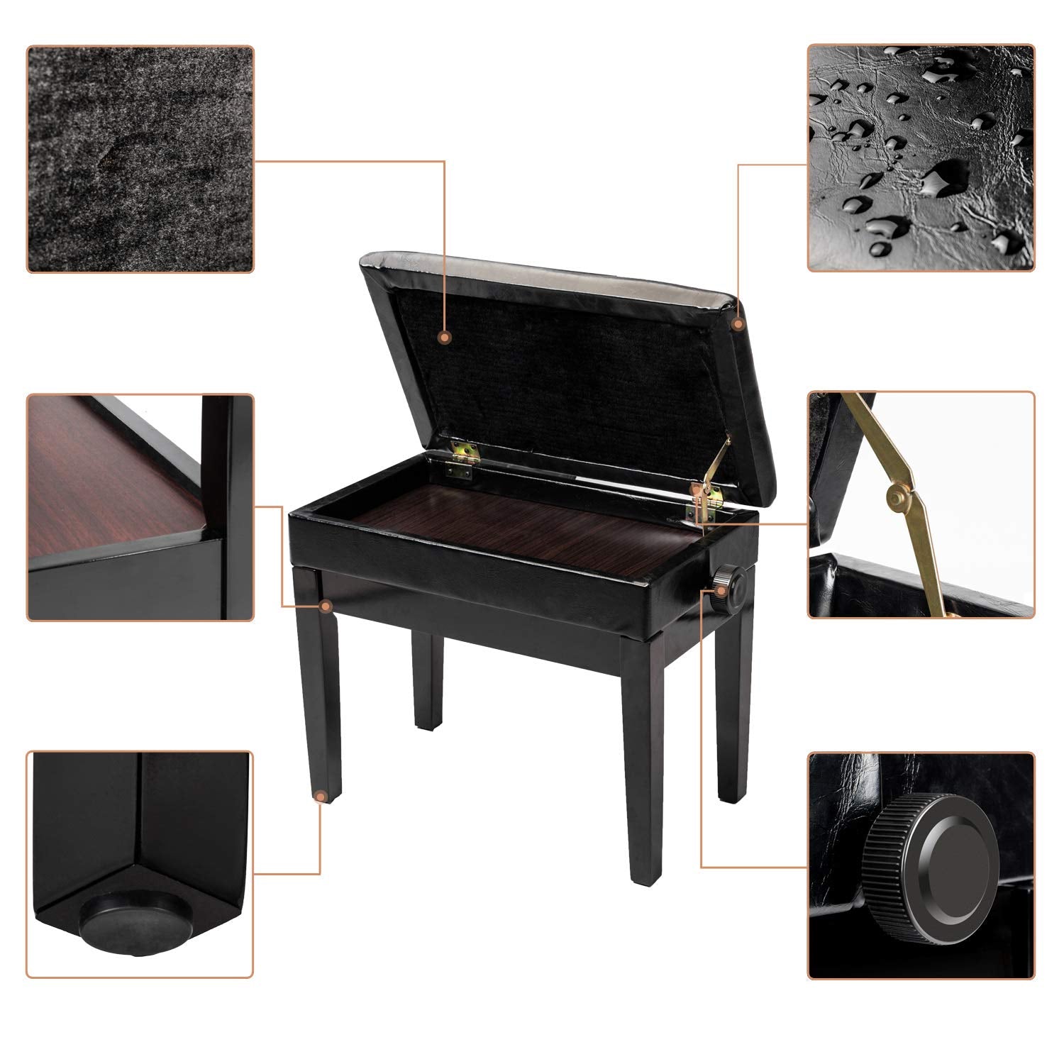 Bonnlo Adjustable Black Piano Bench With Storage Faux Leather Wooden Piano Stool With Padded Cushion