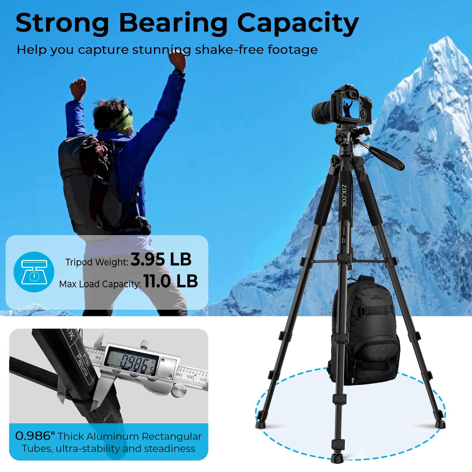 ZIKZOK 75" Heavy Duty Aluminum Tripod for DSLR, iPad, Phone - Black, Model PT80, Max Load 15 lb, Includes Carry Bag and Holder