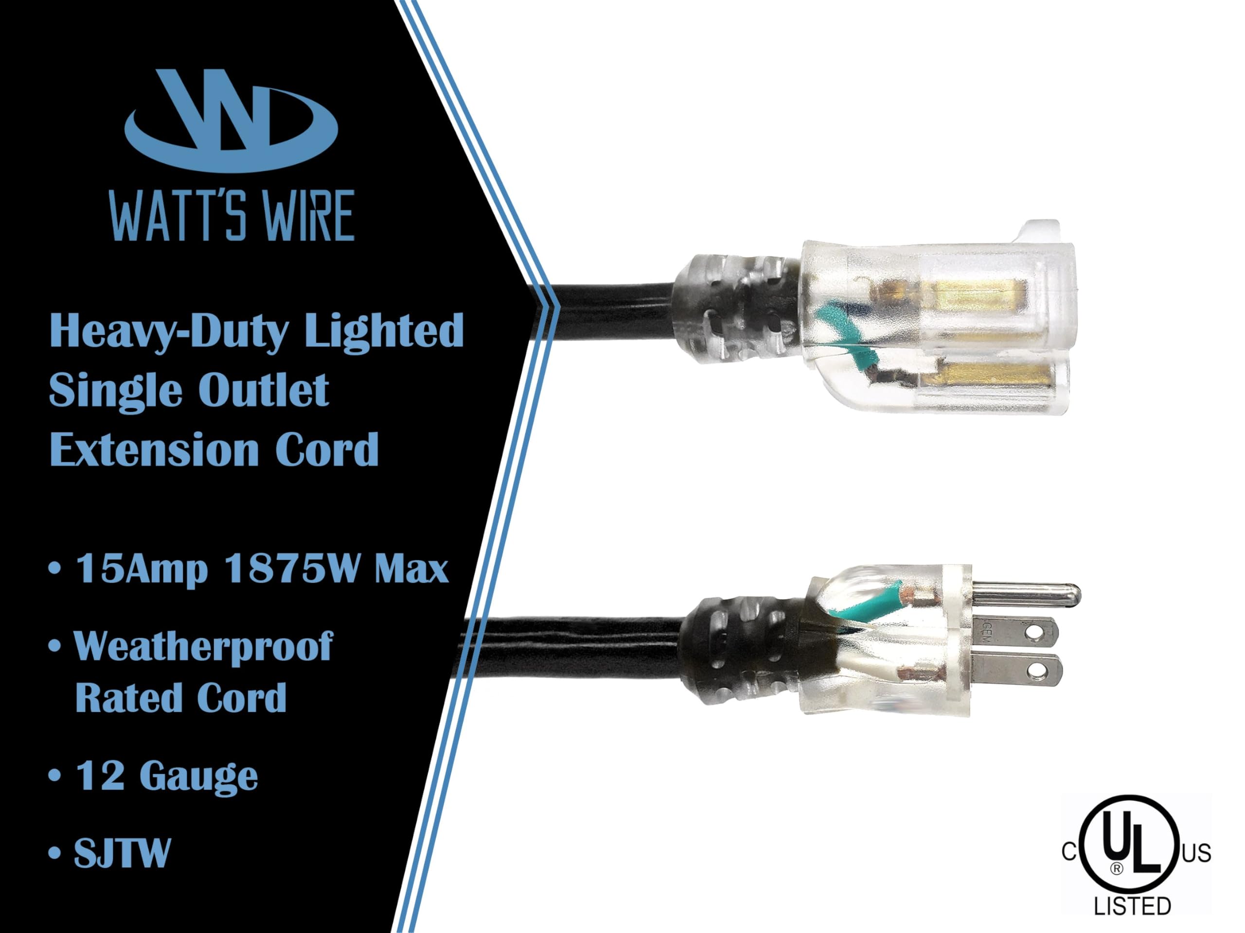 15 Ft   12 Gauge Heavy Duty Extension Cord   Lighted Sjtw   Indoor/Outdoor Extension Cord By Watt'S Wire   15' 12 Gauge Grounded