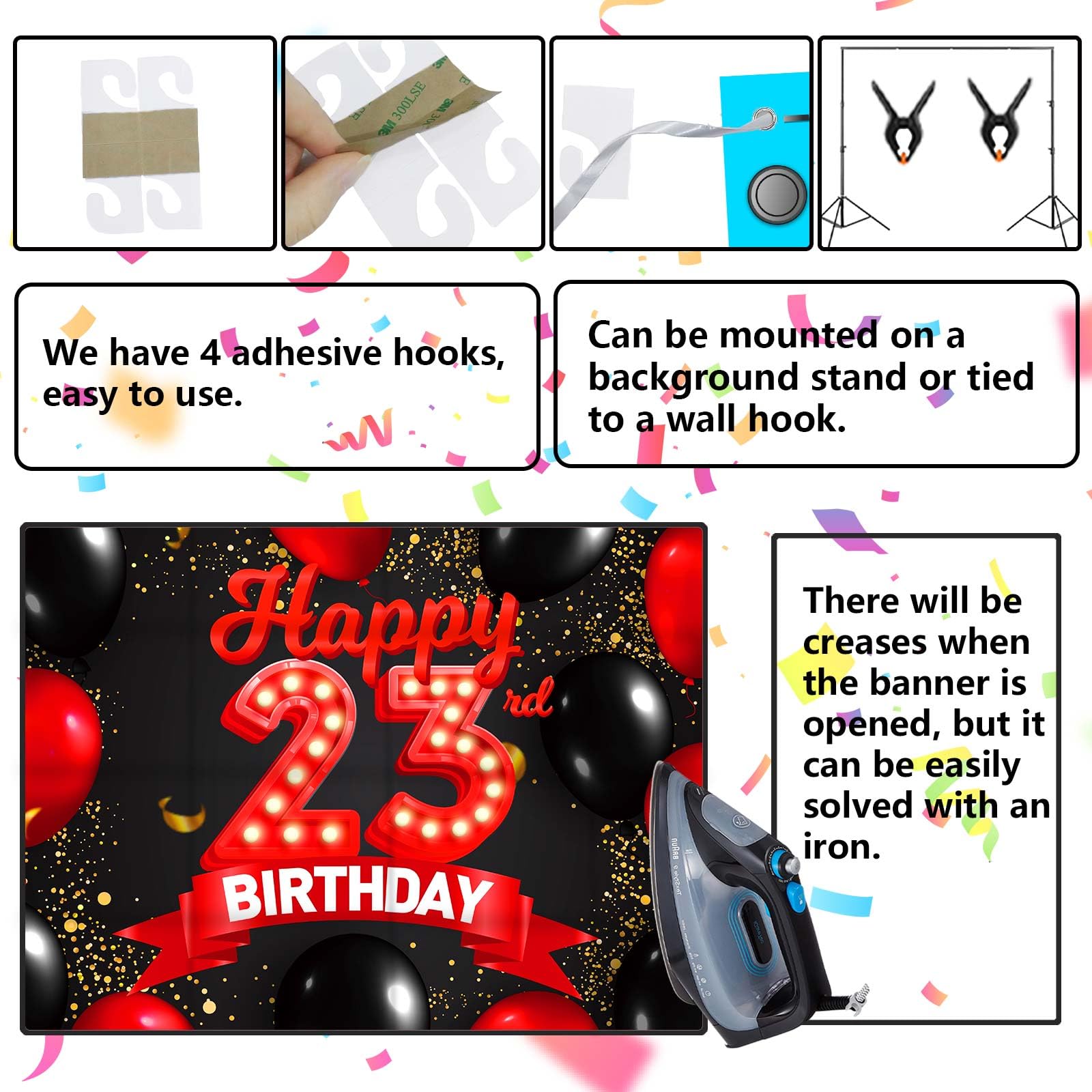 Happy 23Rd Birthday Red And Black Banner Backdrop Decorations Balloons Theme Decor For Girls Women Princess 23 Years Old Birthda