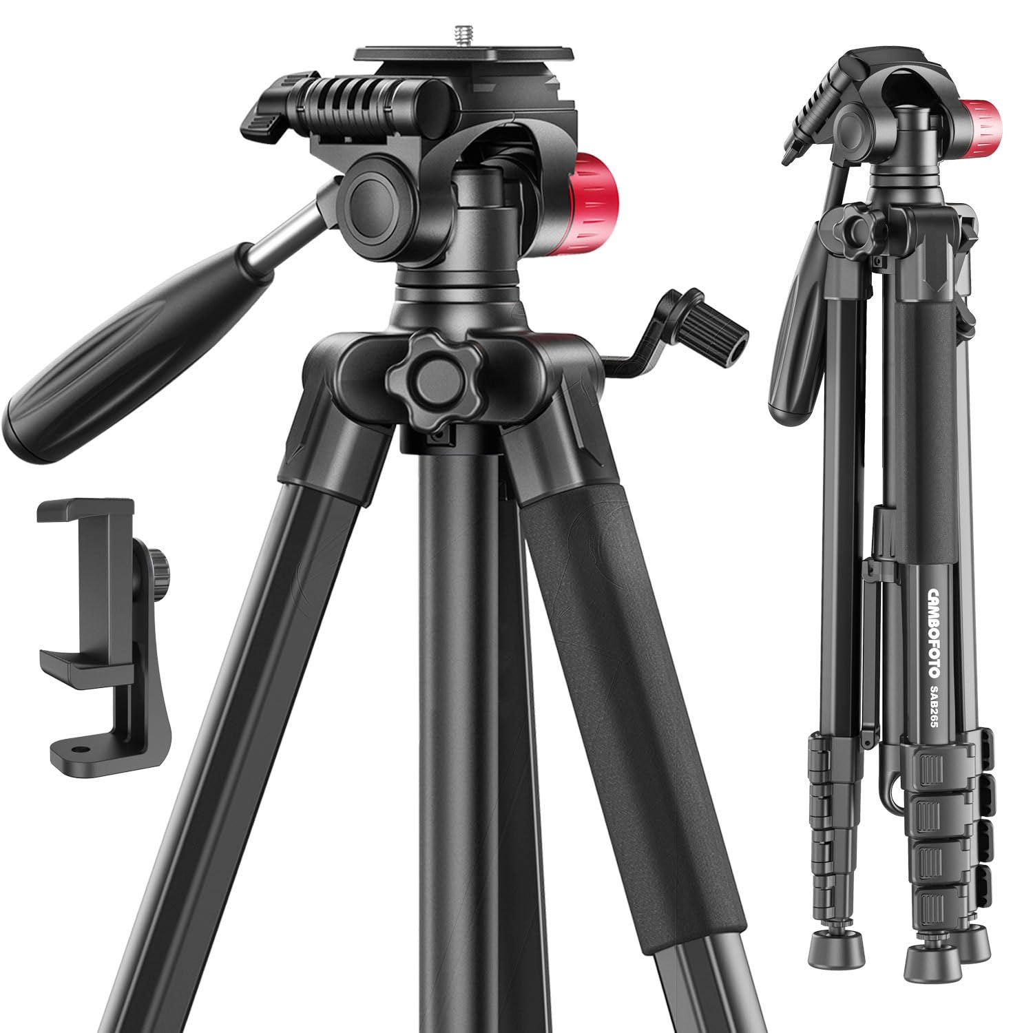 Cambofoto 74'' Camera Tripod, Porfessional Aluminum Heavy Duty Tripod Stand For Mirrorless Camera/Dslr/Cell Phone/Camcorder, Wit