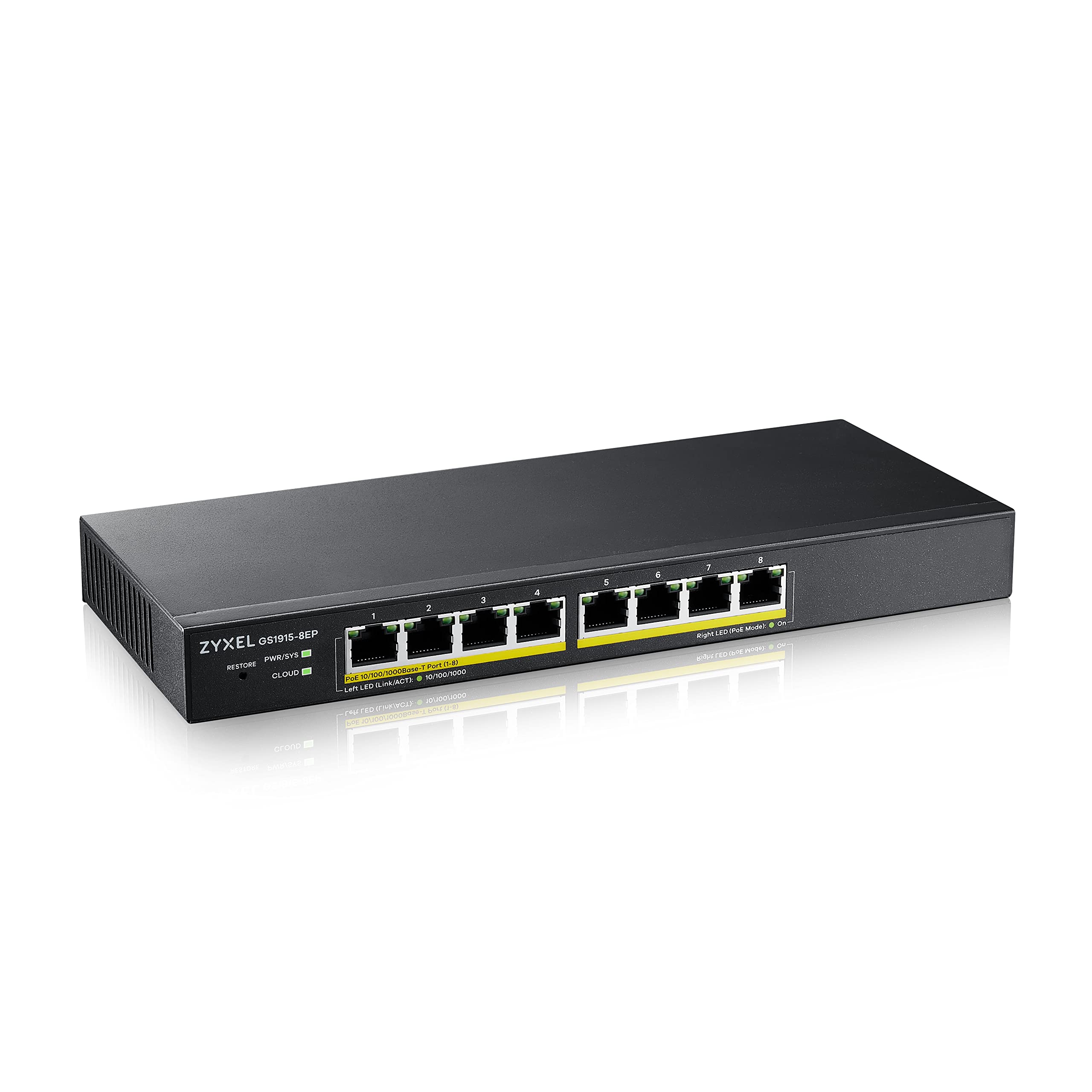 Zyxel 8-Port PoE GbE Switch | Smart-Hybrid Mode | 8x PoE+ @60W | Optional Nebula Cloud | Desktop| Fanless [GS1915-8EP]