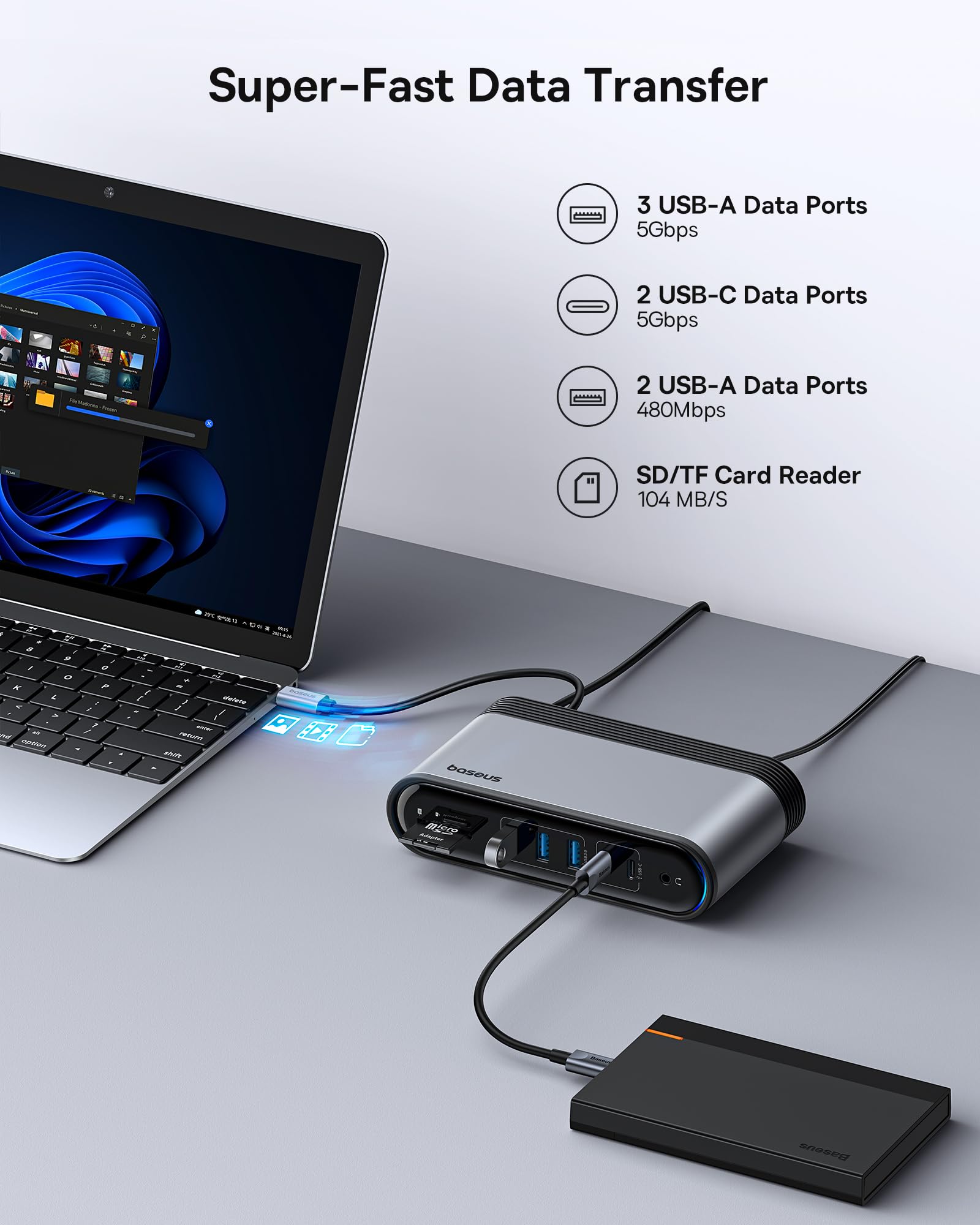 Baseus 17 In 1 Docking Station, Laptop Docking Station 3 Monitors With 4K Hdmi+Dp, Usb C Docking Station With 7 Usb, 1000Mbps Ethernet, 100W Pd, Card Readers Compatible With Acer/Hp/Lenovo/Mac/Dell