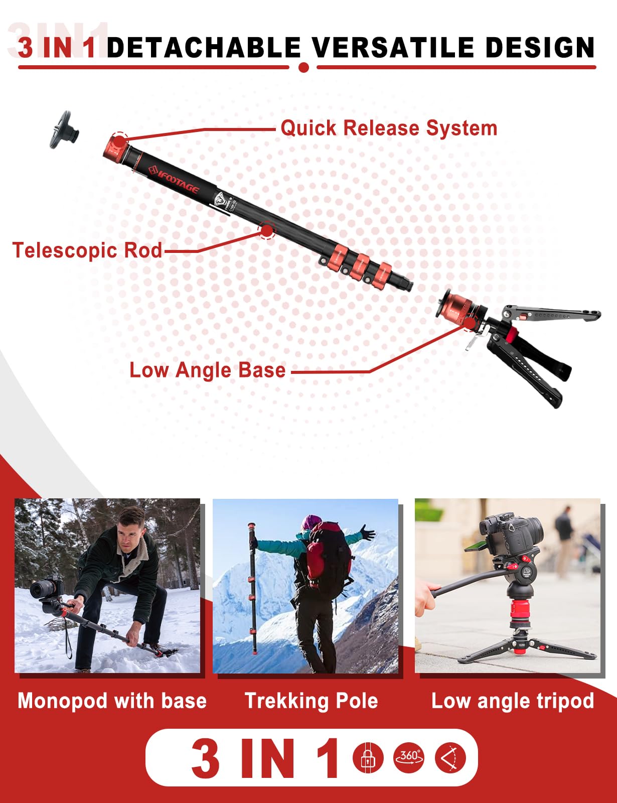 Ifootage Cobra 3 Monopod With Pedal C180F P, 71'' Monopod For Cameras, Professional Carbon Fiber Travel Monopod With Feet, Paylo