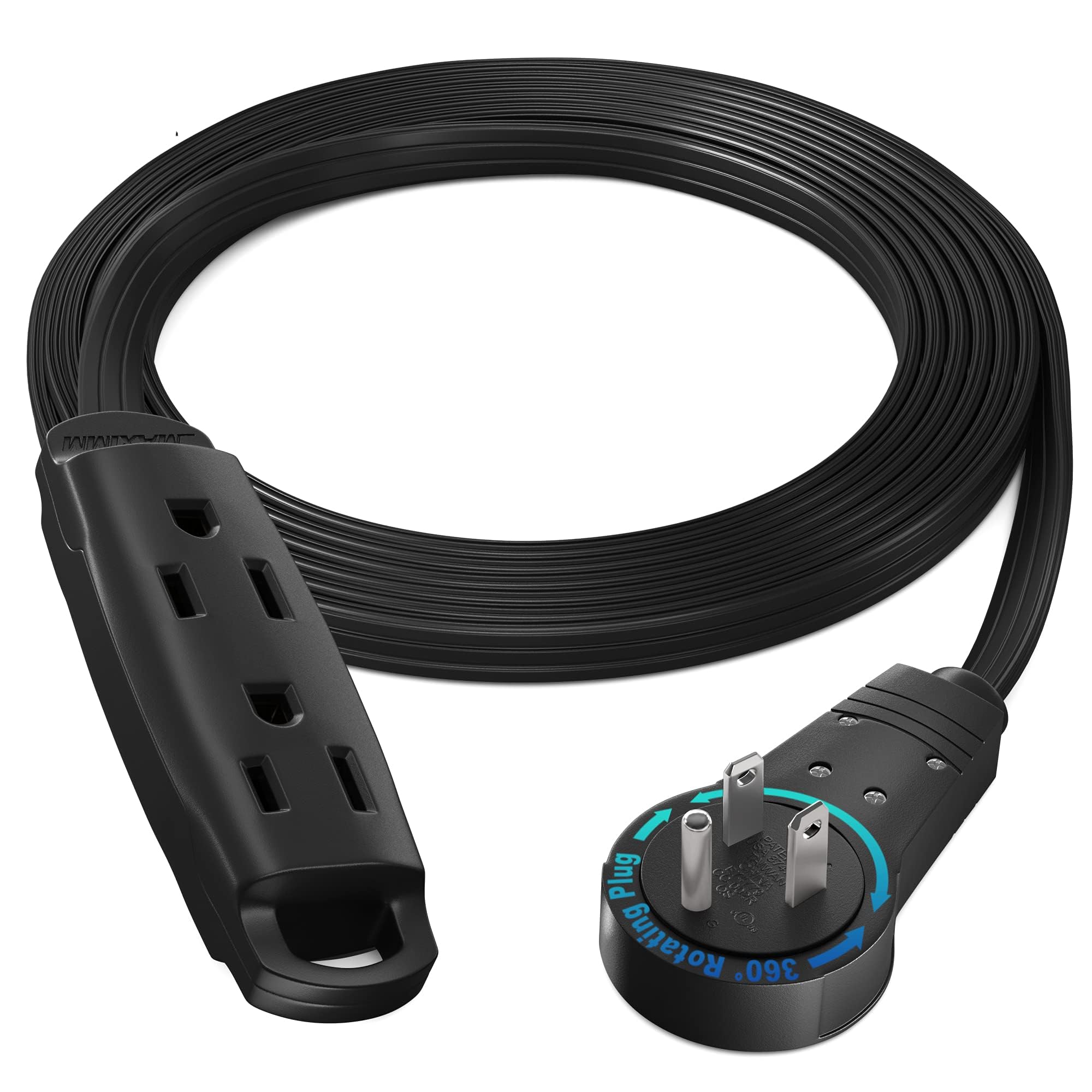 Maximm 360 Degree Rotating Flat Extension Cord 12 Ft Multi 3 Outlet Power Cord Grounded 16 Awg Ul Certified, Black