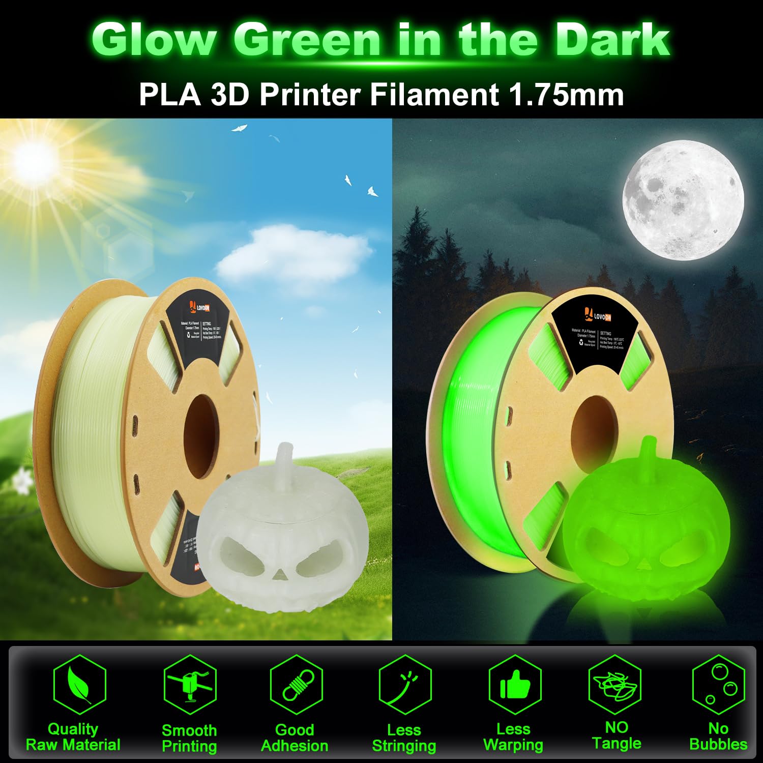 Lovoon 3D Pla Glow In The Dark Filament, Glow Green Pla, Color Change Pla Filament 1.75Mm, For Halloween And Christmas Decoratio