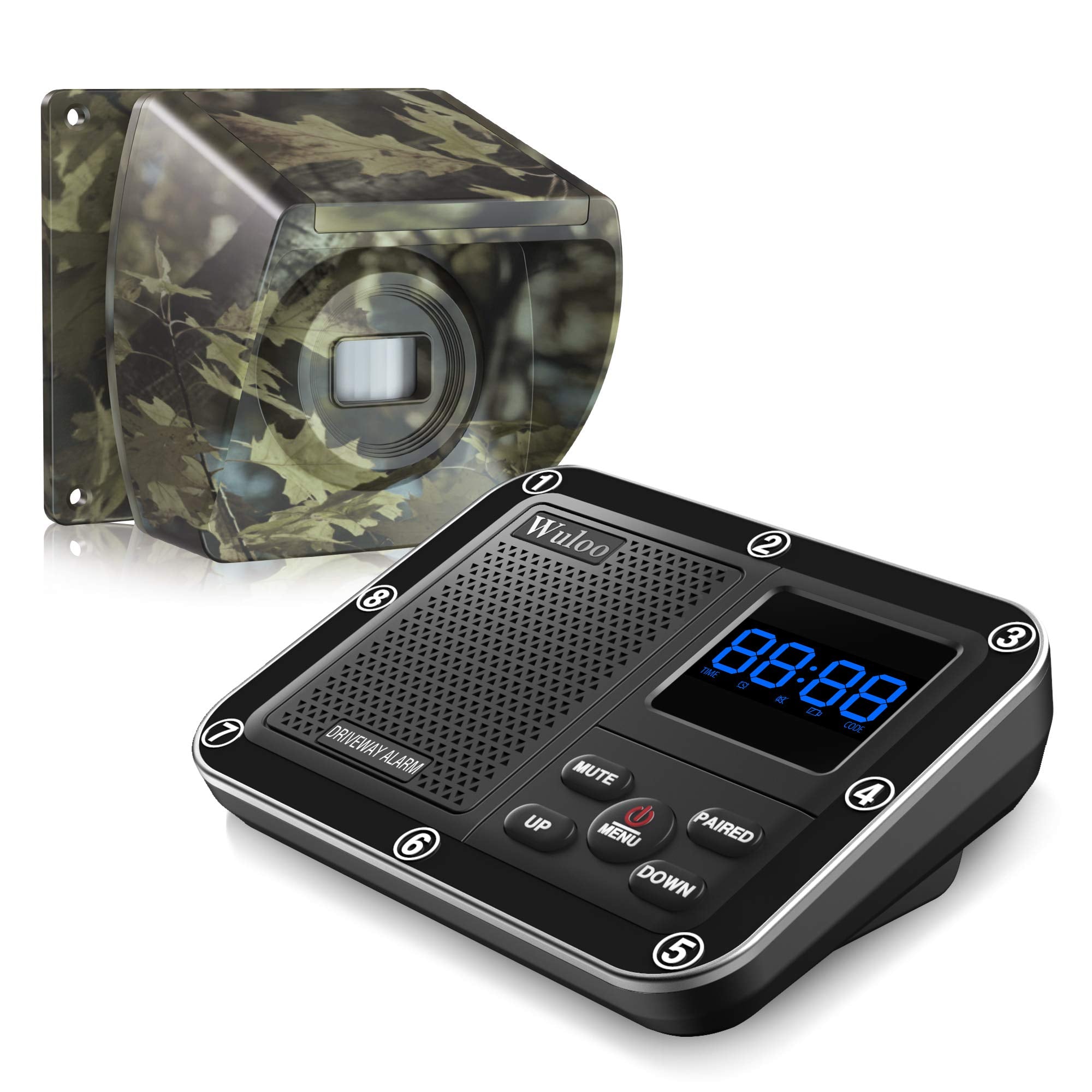 1800 Ft Wireless Outside Driveway Alarm Outdoor Motion Sensor & Detector Driveway Alert System, Rechargeable Battery/Weatherproof/Mute Mode/Clock And Alarm Functional (1&1 Camouflage)