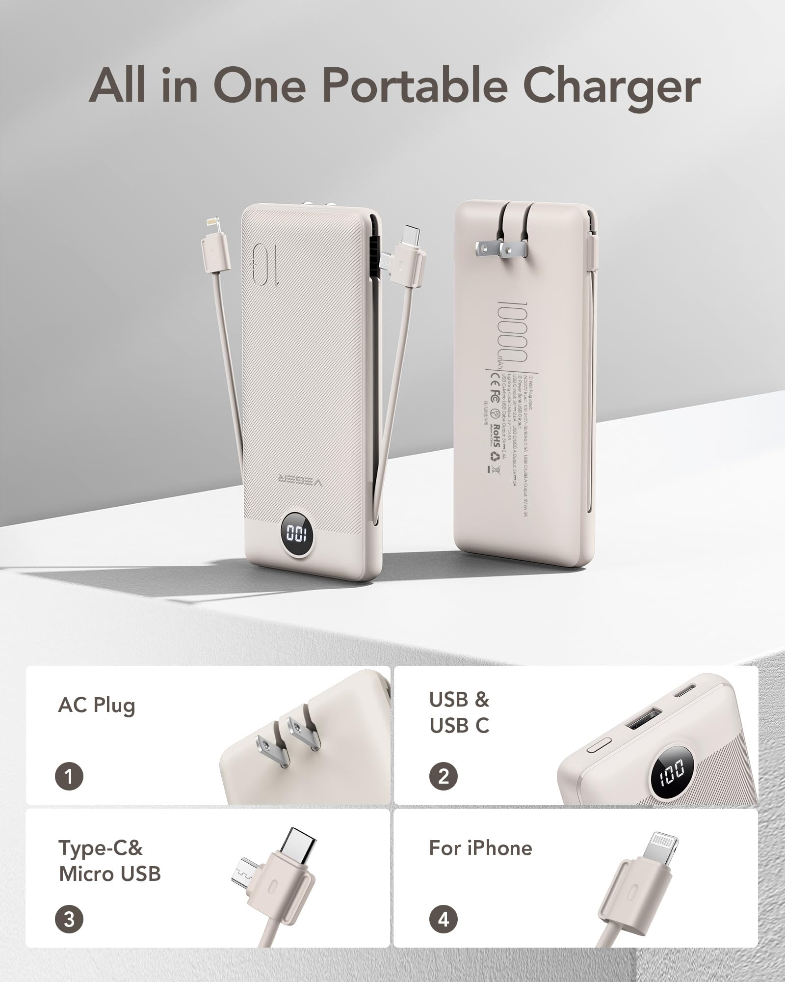 Veger Portable Charger For Iphone With Built In Cables And Wall Plug, 10000Mah Slim Fast Charging Usb C Power Bank, Travel Essen