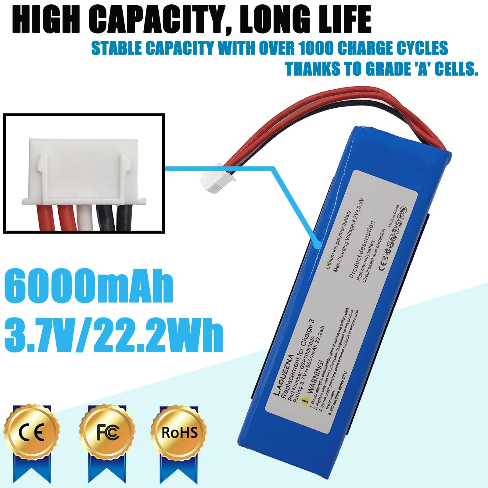 Laqueena Gsp1029102A 6000Mah Battery Compatible With Jbl Charge 3 Waterproof Bluetooth Speaker With Tools Battery Part No Charge
