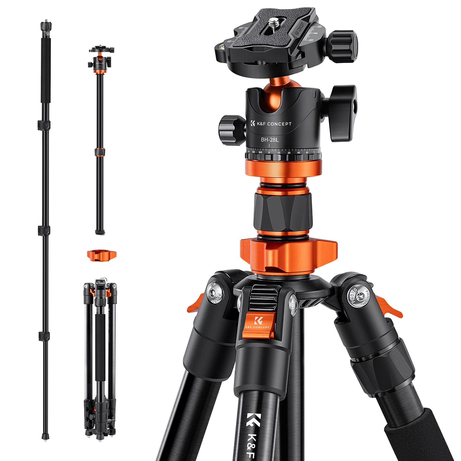 K&F Concept 62 Lightweight Aluminum Tripod with Detachable Monopod & 360° Ball Head - Black and Orange, Model K254A1+BH-28L