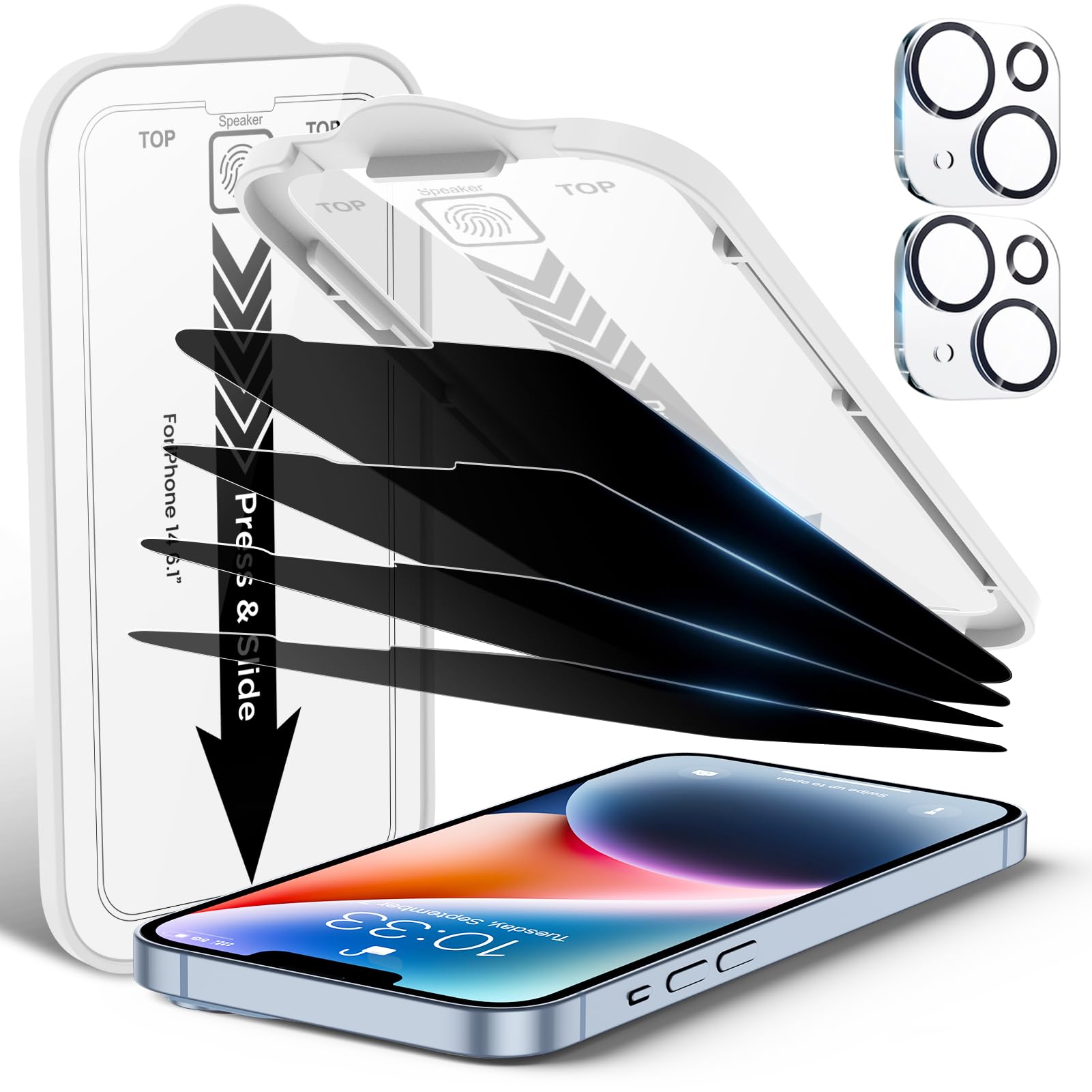Ez Glaz 4 Pack Privacy Screen Protector For Iphone 14[6.1 Inches] With 2 Pack Camera Lens Protector, [Drop Protection] 9H Hardne