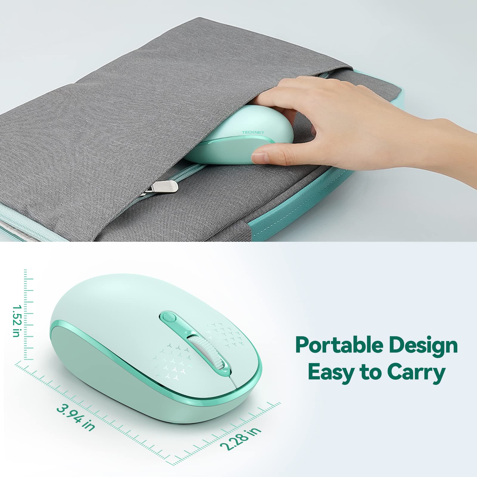 TECKNET Wireless Mouse - Mint Green, 2.4G Quiet, 4 Buttons, USB Receiver, 800/1200/1600 DPI, Portable for Laptop, PC, Mac