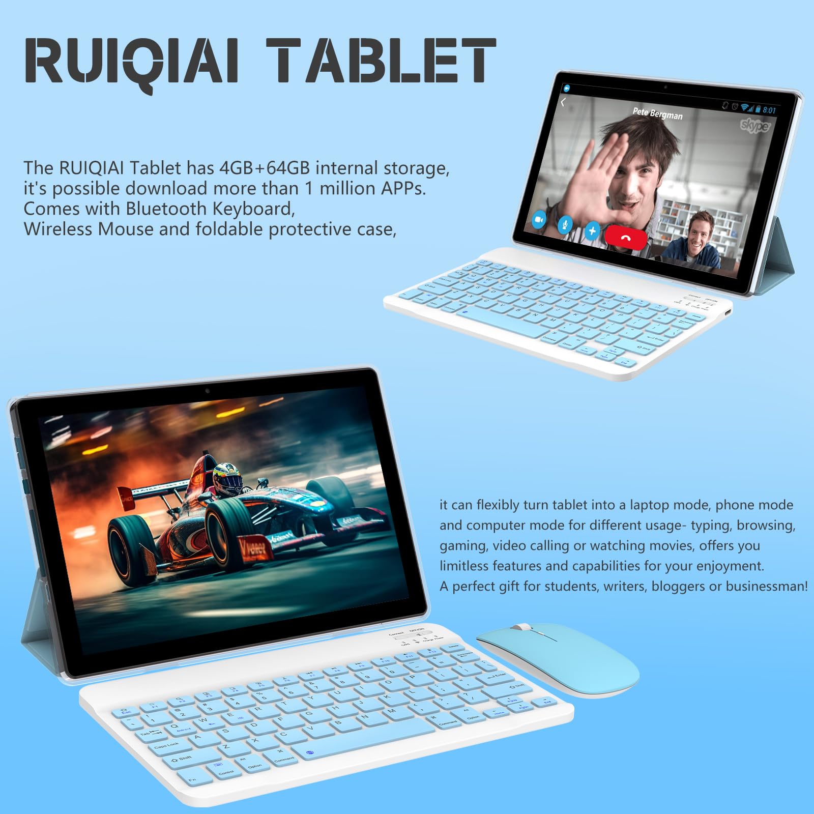 Ruiqiai Android 14 Tableta, 2 In 1 Tablet 10 Inch,Computer Tablet, With Keyboard Case, 8Gb+64Gb Rom/1Tb, Quad Core, Dual Carema,