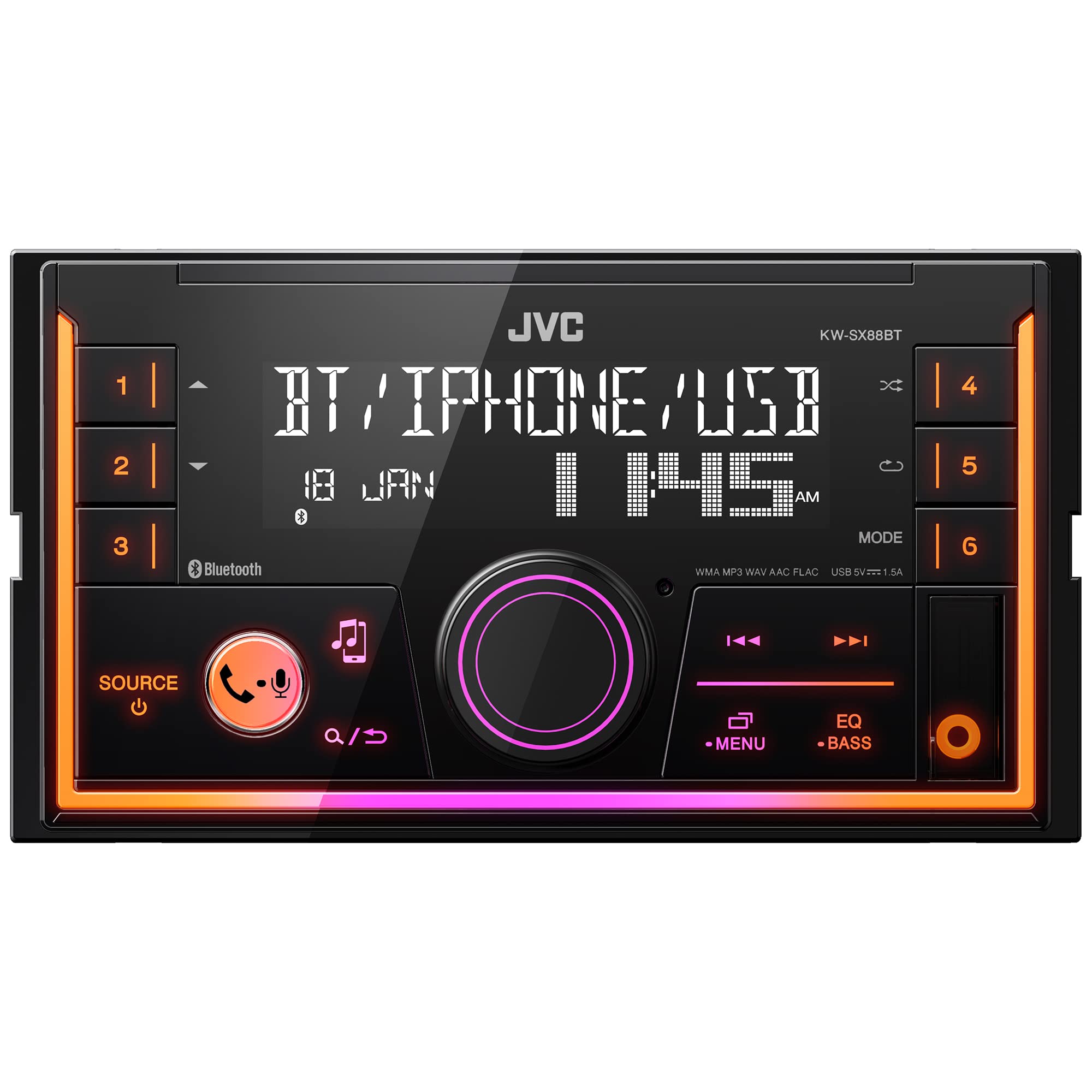 Jvc Kw Sx88Bt Bluetooth Double Din Digital Media Car Stereo With Shallow Chassis, Variable Color Dsplay, Front Usb And Aux, Powe