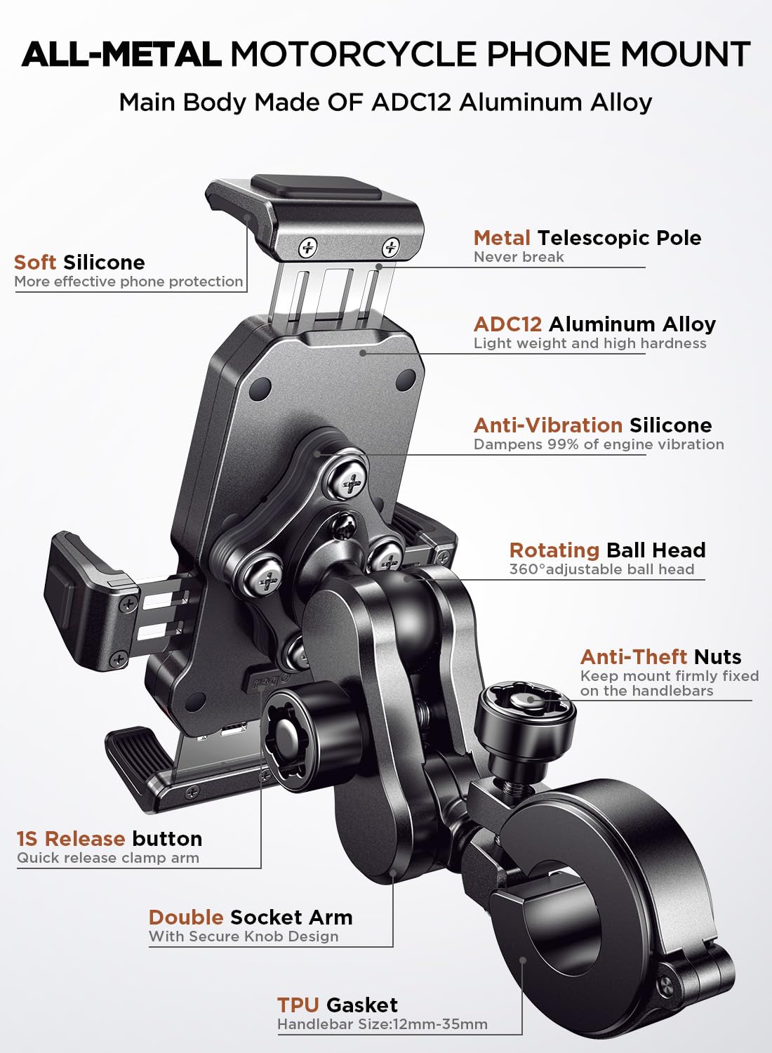 Joyroom Aluminum Alloy Motorcycle Phone Mount With Vibration Dampener, Motorcycle Phone Holder For Motorcycle Harley Bike Bicycl