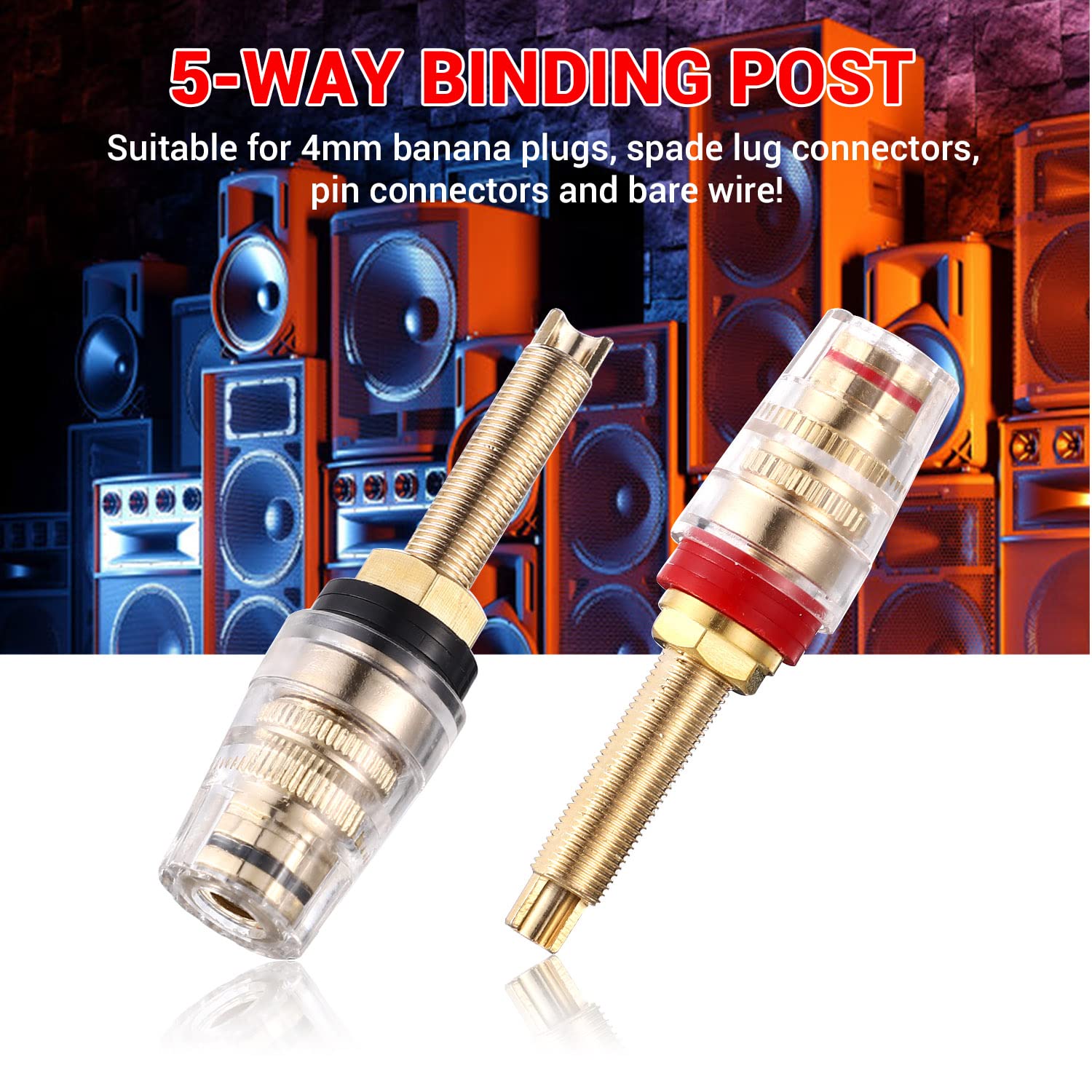 Facmogu 4Pcs Black & Red Heavy Duty 5 Way Binding Post Banana Jacks 4Mm, 24K Gold Plated Sold Brass Insulated Binding Post Banan