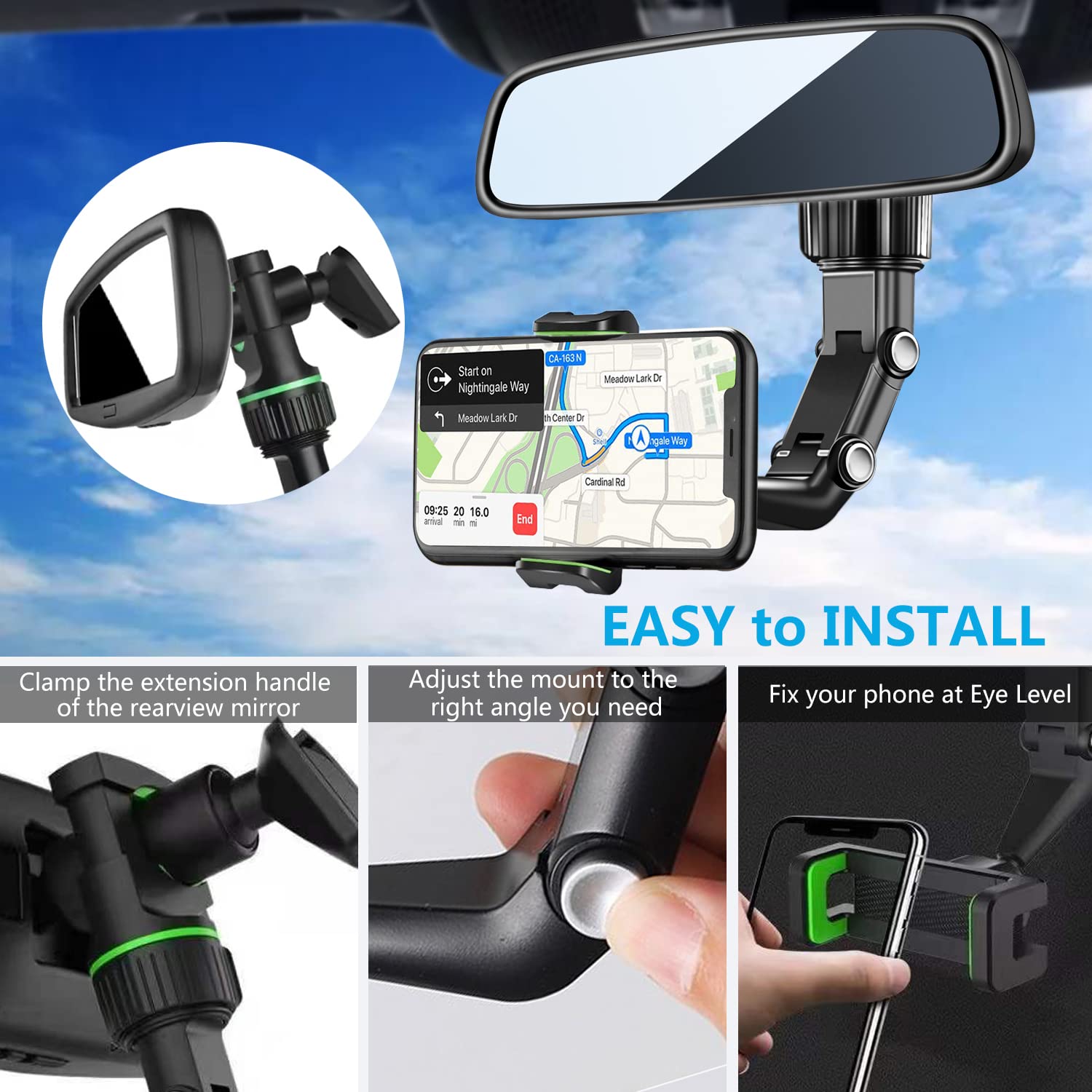 Pkyaa Rearview Mirror Phone Mount Holder For Car, 360� Rotating , Multifunctional Mount Phone And Gps Holder Universal Car Phone Holder For All Smartphones