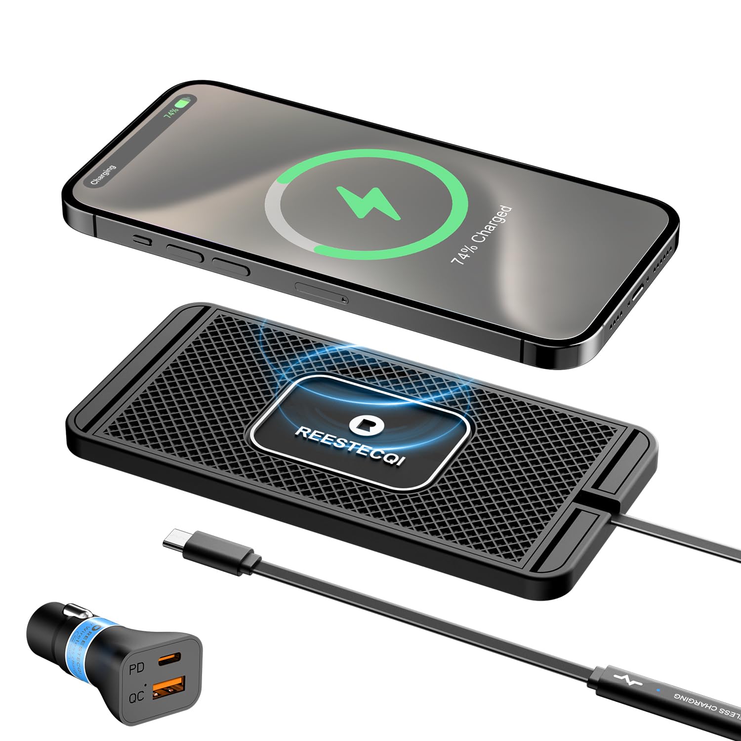 Reestecqi Wireless Charging Pad For Car, 15W Wireless Car Charger Pad Type C Wireless Charger Car Non Slip [Pd 40W Car Charger I