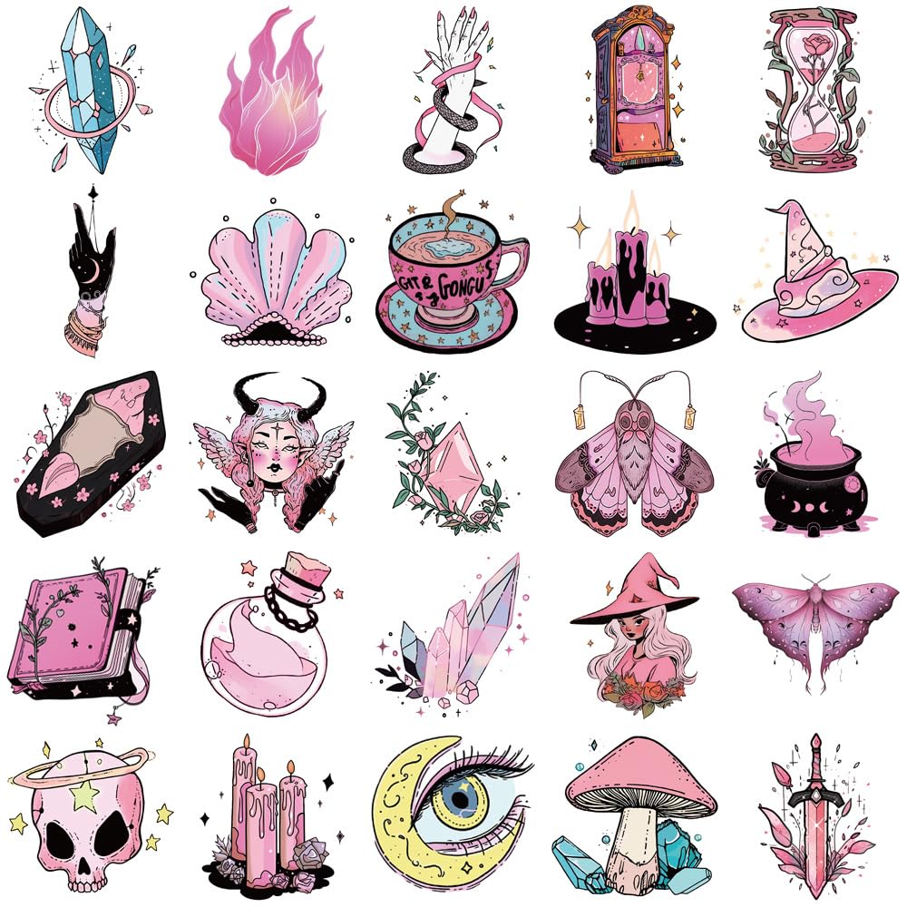 Yoksas Gothic Pink Witch Stickers   50Pcs Waterproof Pastel Goth Astrology Witchy Stickers For Scrapbook,Laptop, Water Bottle,No