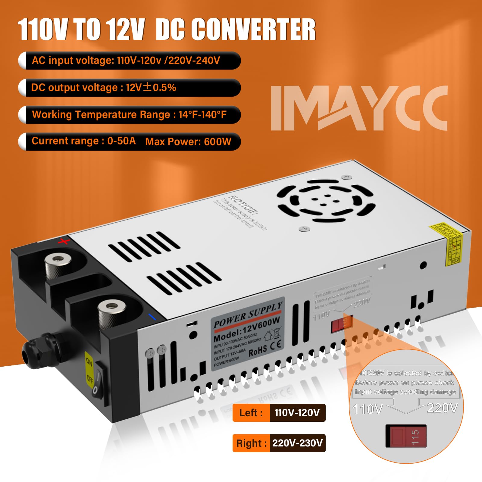 New Version 110V To 12V Dc Converter, Imaycc Ac To Dc Converter 600W 50A,120V To 12V Power Supply, Adjustable Power Supply