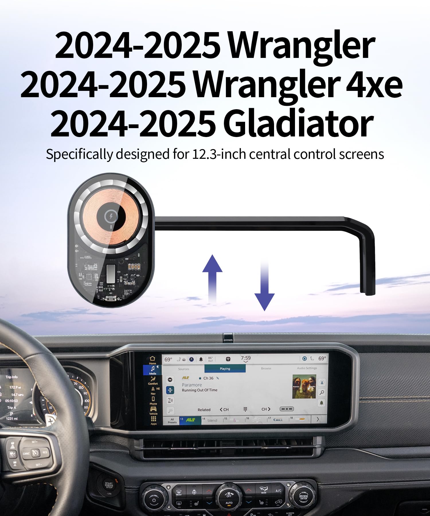 Masergogo Wireless Charging Car Phone Holder For Jeep Wrangler/Wrangler 4Xe / Gladiator 2024 2025 Accessories 12.3 Inch Screen F