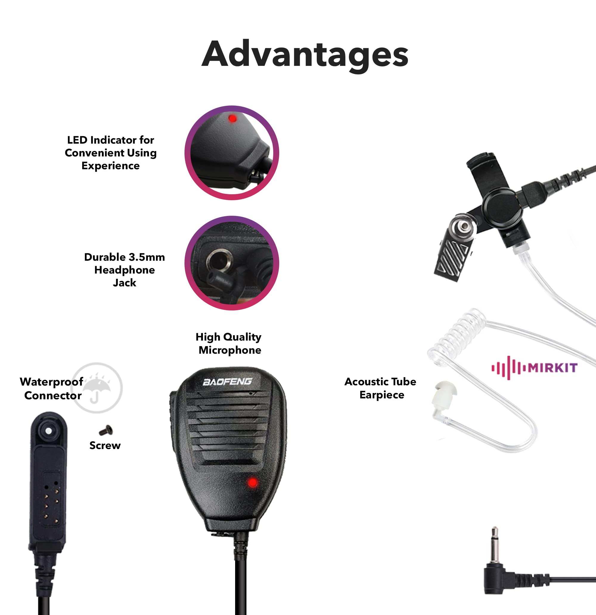 Mirkit Radio Baofeng Accessories Set Of Baofeng Mic With Acoustic Tube Earpiece Listen Only, Reinforced Cable Compatible With Baofeng Uv 9R Plus, Bf 9700, A 58, Uv Xr, Uv 5S, Gt 3Wp 100% Usa Warranty