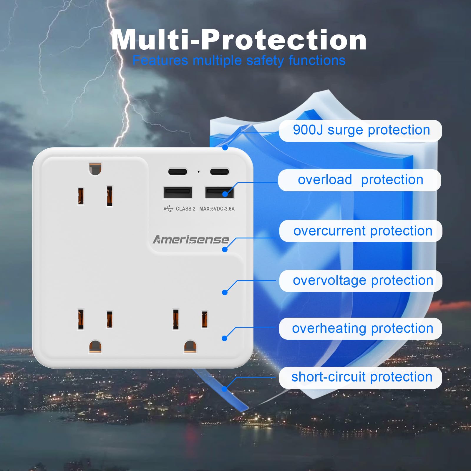 Multi Plug Outlet Extender With Usb, Amerisense 900J Wall Charger With 6 Ac Outlets & 4 Usb Ports (2 Type C & 2 Type A Ports), S