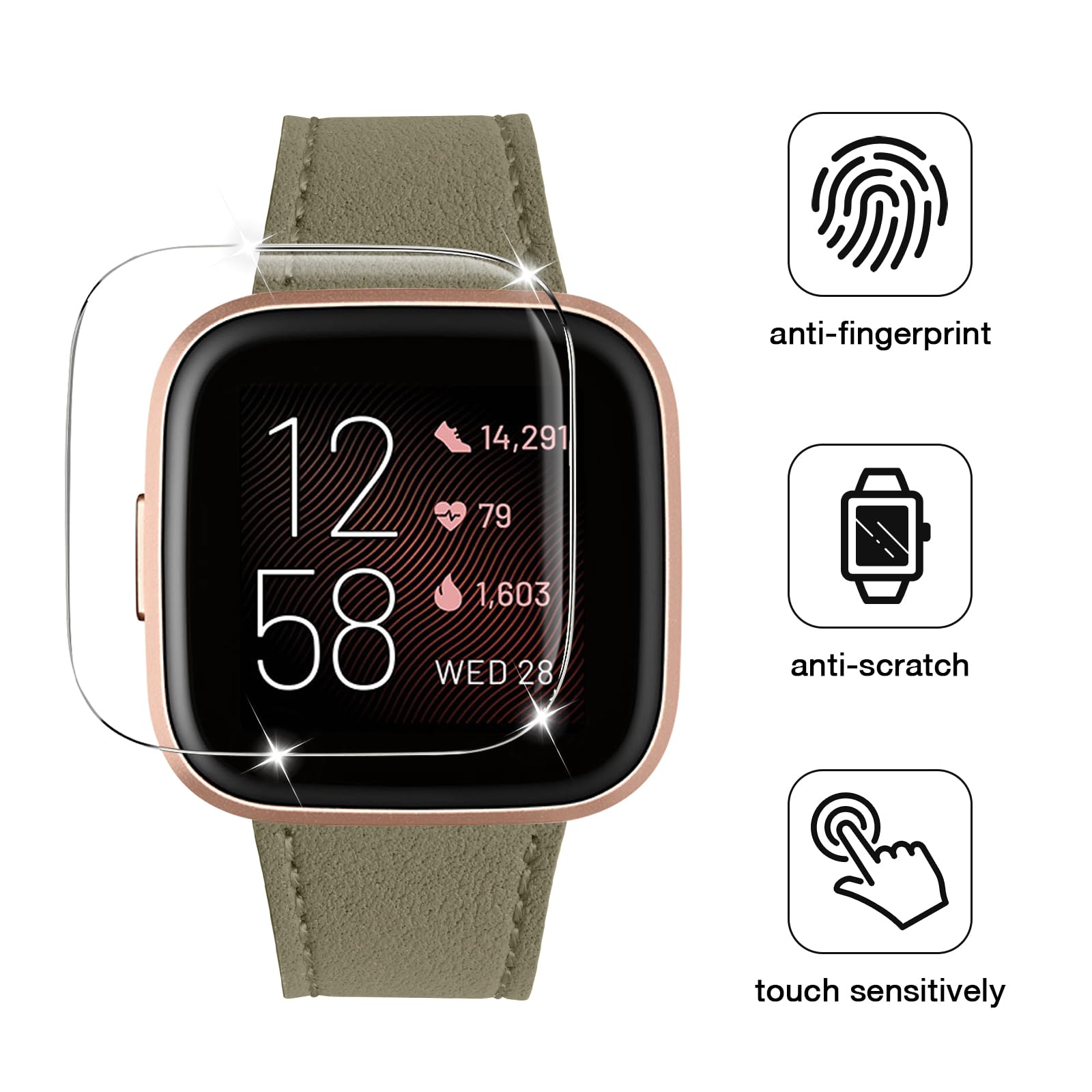 Wfeagl Top Grain Leather Band Replacement Strap For Versa/Versa 2/Lite/Se Fitness Smart Watch (Olive Band+Rosegold Buckle)