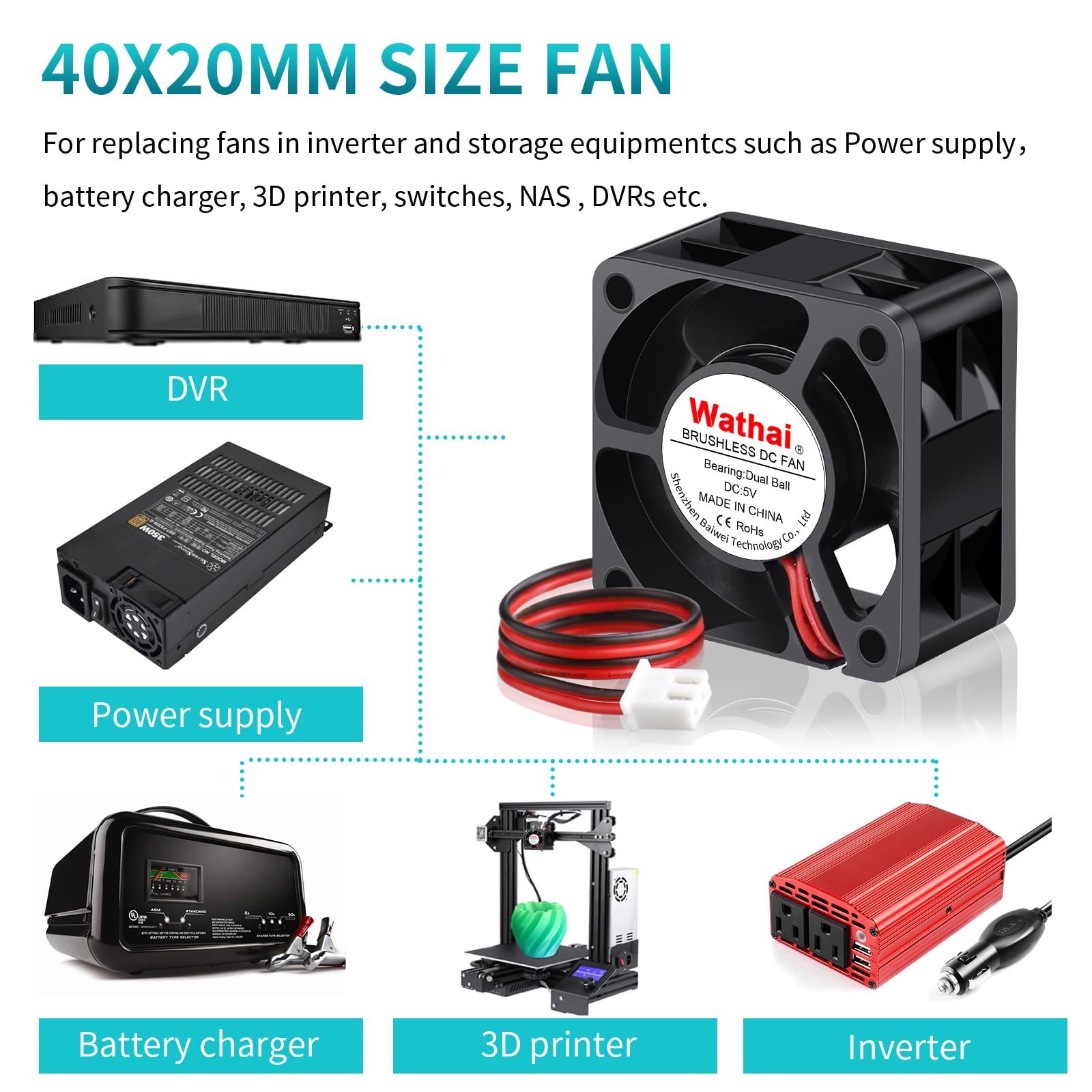 Wathai 40Mm X 20Mm 5V Case Fan Dual Ball 2Pin Dc Brushless Cooling Fan