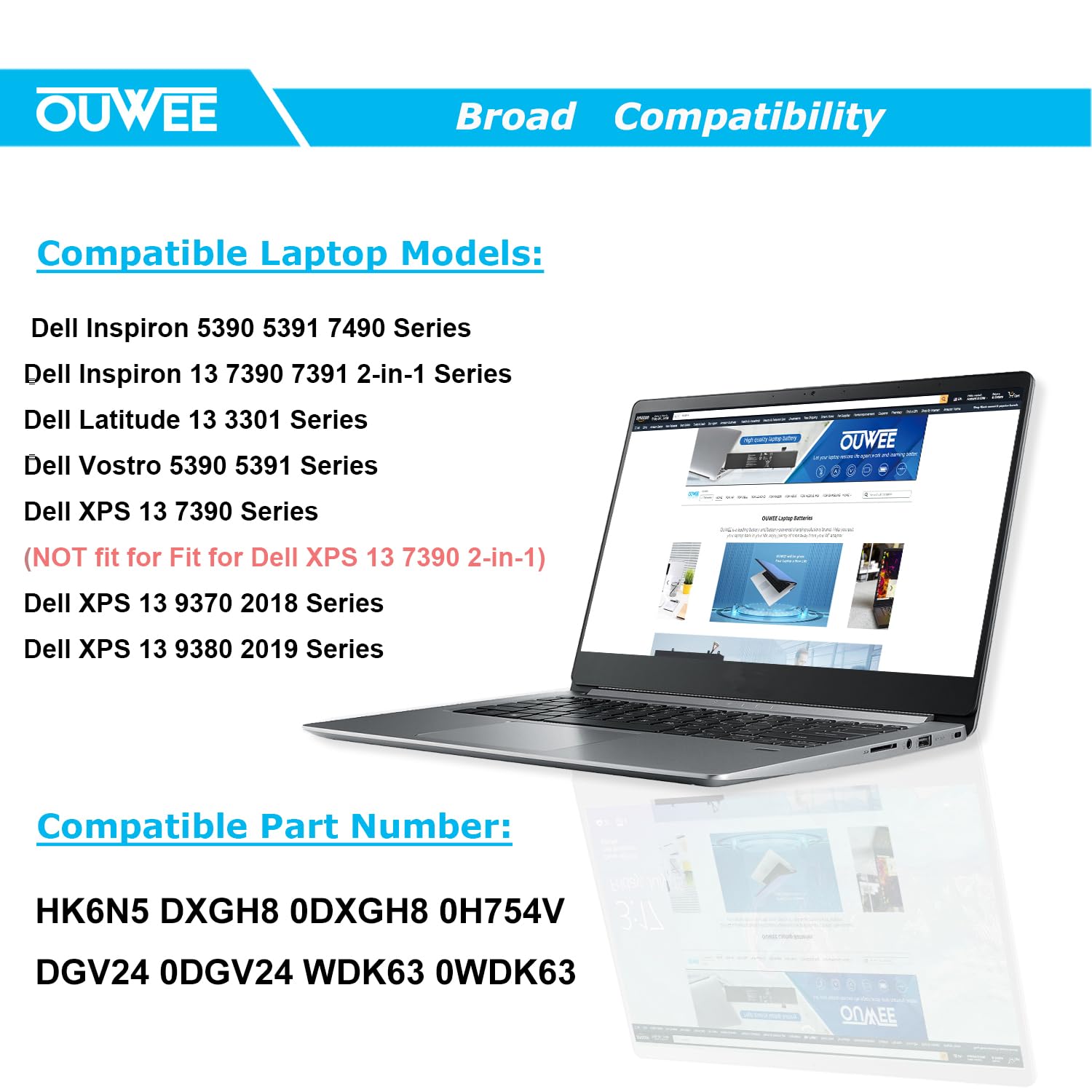 Ouwee Hk6N5 Laptop Battery Compatible With Dell Xps 9370 9380 7390 Inspiron 5390 5391 7490 Vostro 5390 5391 Latitude 3301 Inspir