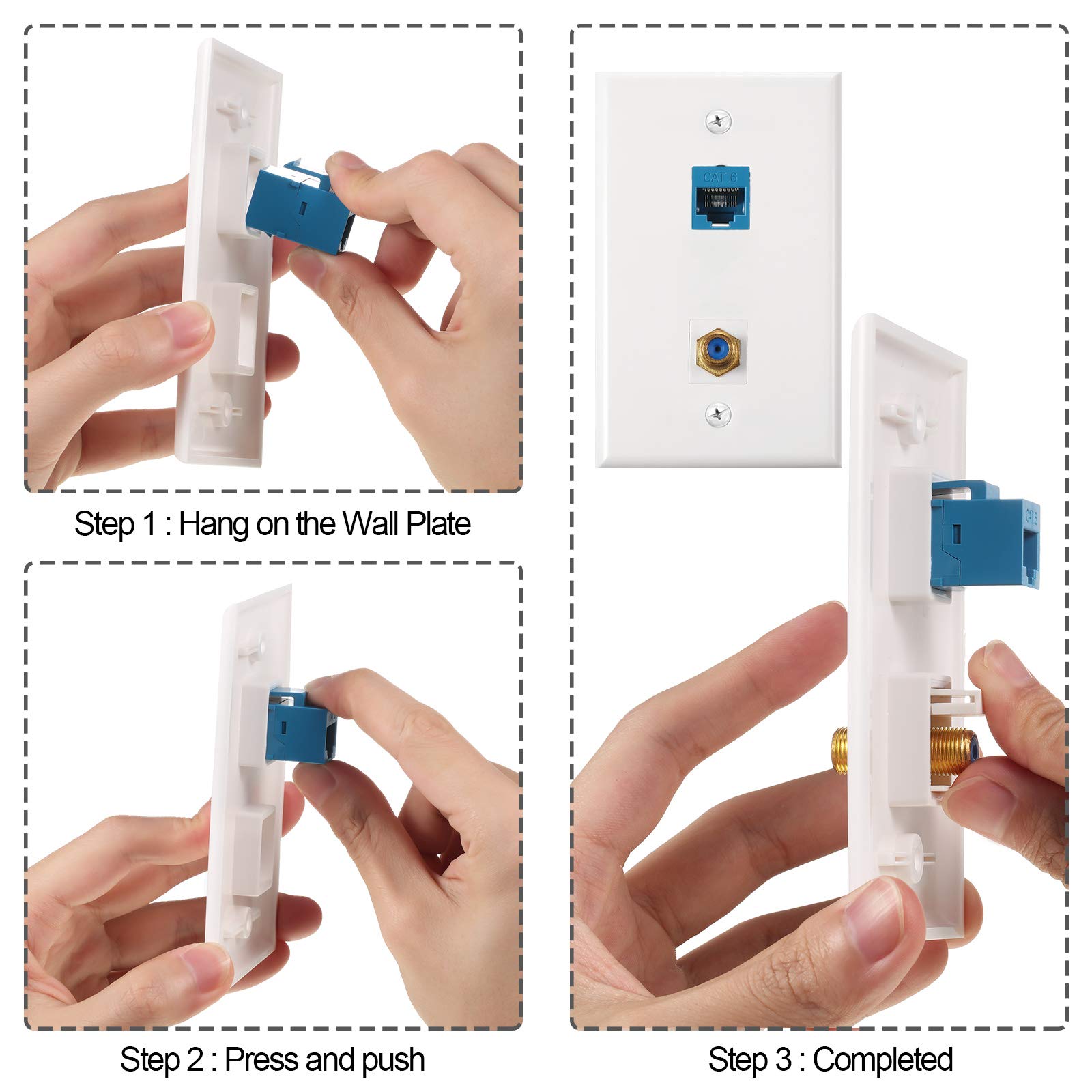 4 Pack Ethernet Coax Wall Plates, Cat6 Coax Wall Plate With Ethernet Port And Gold Plated Tv Coax Cable F Type Port (Blue)