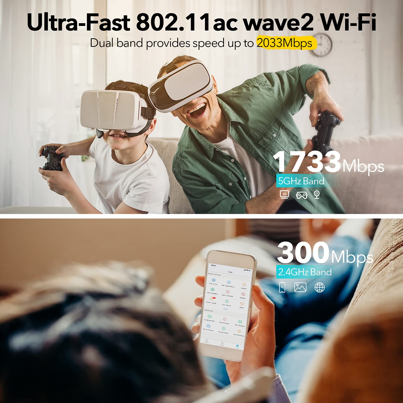 Wifi Router  Ac2100 Dual Band Smart Wi Fi Router Upgrades To 2033 Mbps (5G) High Speed, Features Mu Mimo, 4 Gigabit Lan Ports, O