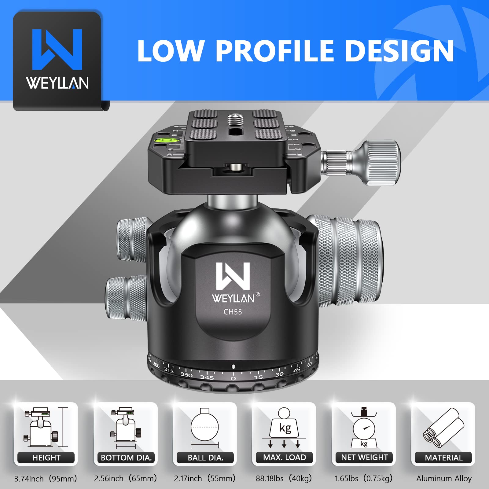 Low Profile Ball Head 55Mm Tripod Ball Head Weyllan Ch55 Heavy Duty 360 Panoramic Tripod Head, Large Size Cnc Aluminum Camera He