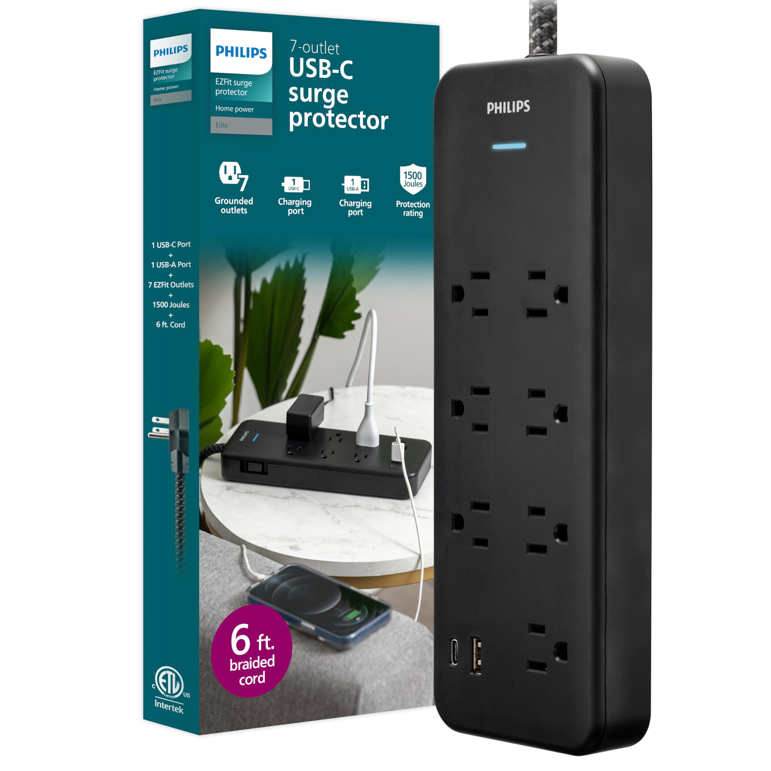 Philips 7 Outlet Surge Protector, 6 Ft Braided Extension Cord, Adapter Spaced, 1 Usb A, 1 Usb C, 15W, 1500J, Black, Spp3703B/37