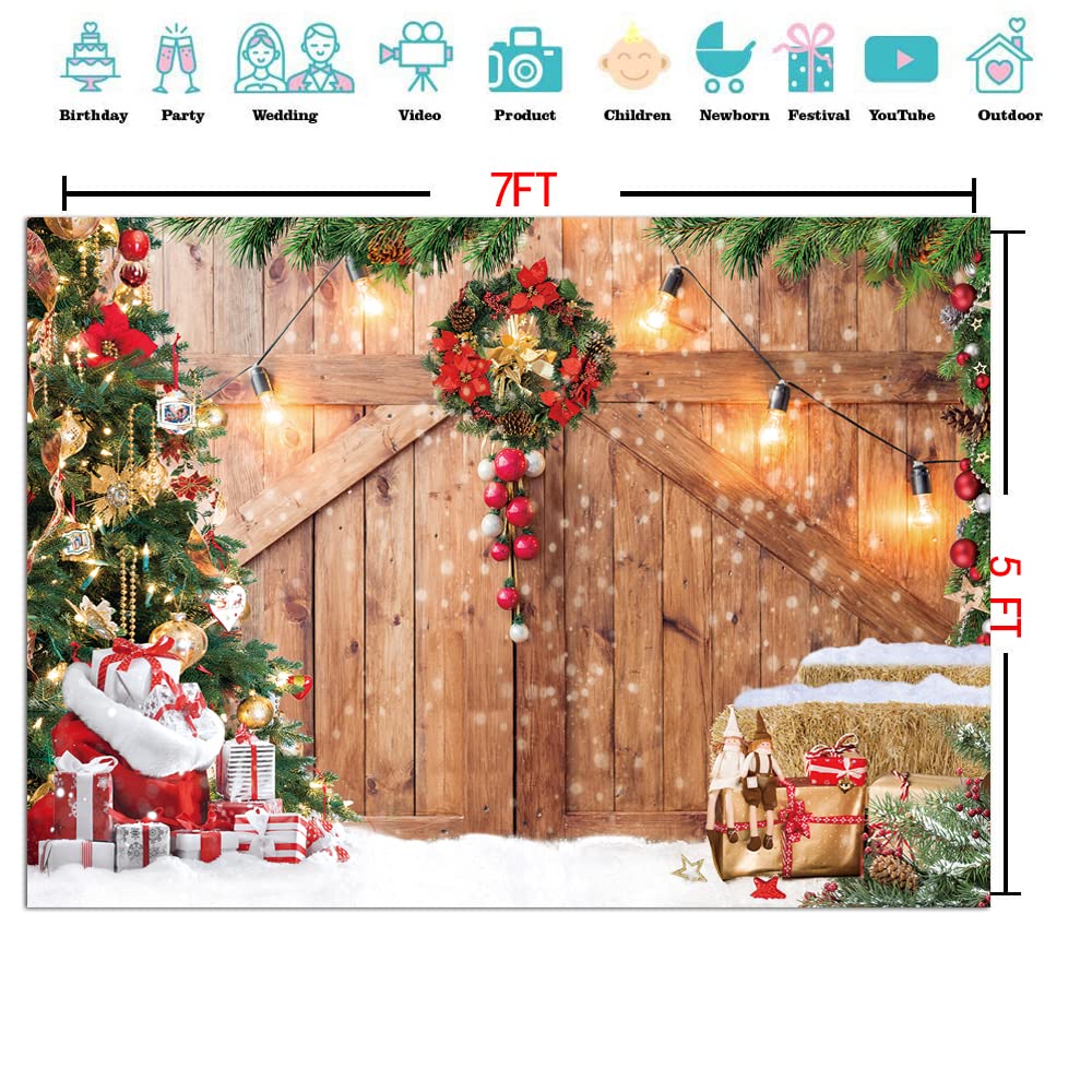 Cylyh 7X5Ft Christmas Barn Wood Door Photography Backdrop Xmas Tree Snow Gift Wall Floor Party Photo Background For Holiday New