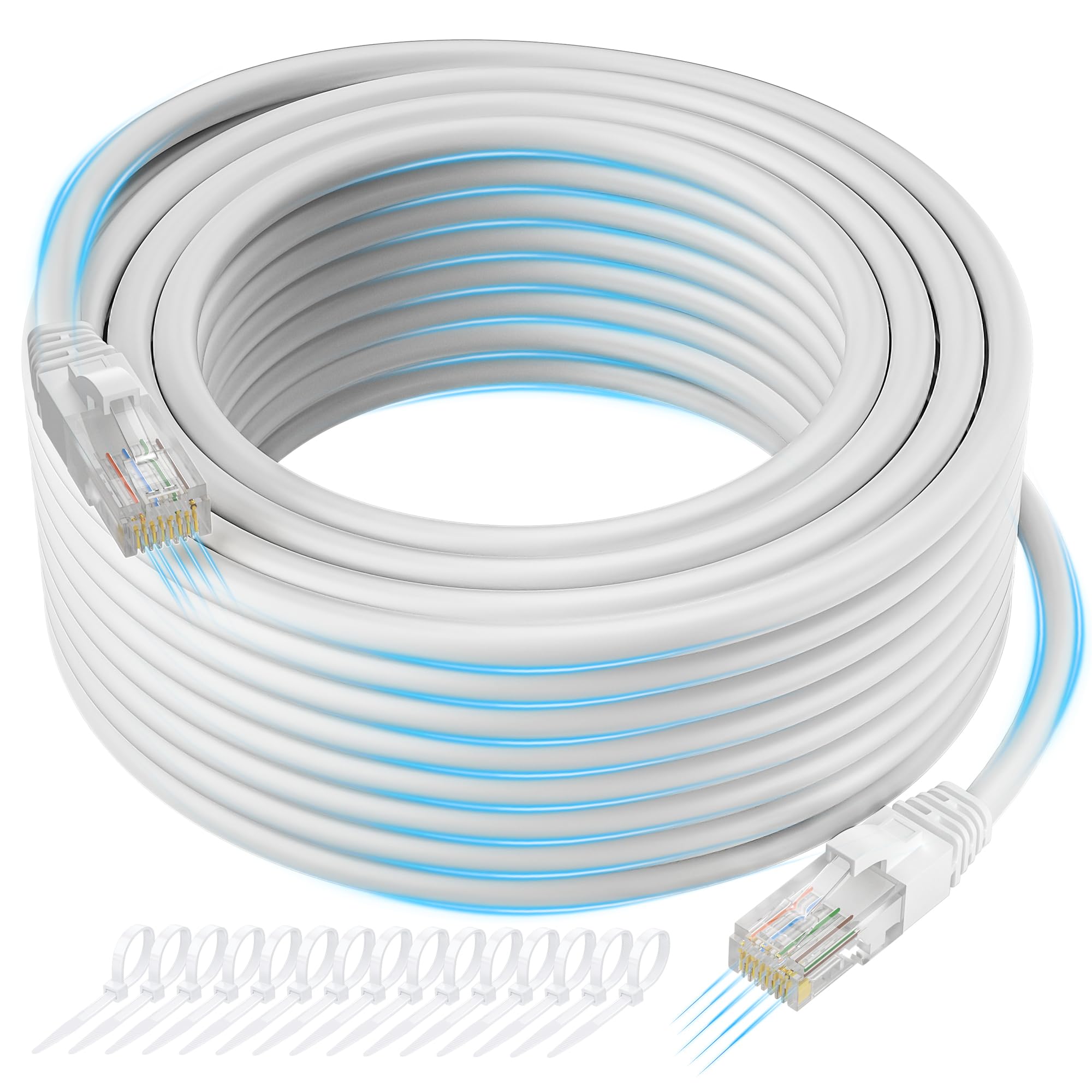 Cat 6 Ethernet Cable 75 Ft, Long High Speed Cat6 Internet Cable, White Snagless Patch Cord, Flexible, Network, Lan, Poe, Standar