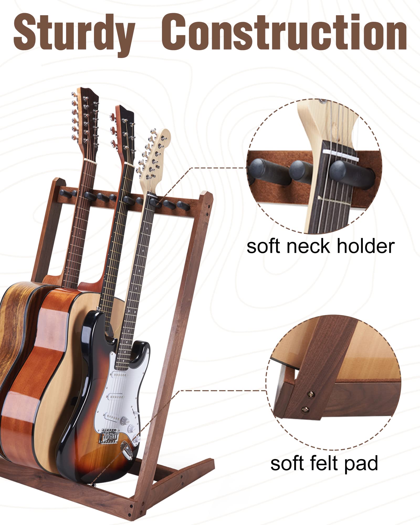 Musbeat Multi Guitar Stand - Hardwood Rack For 3 Acoustic & 5 Electric/Bass Guitars