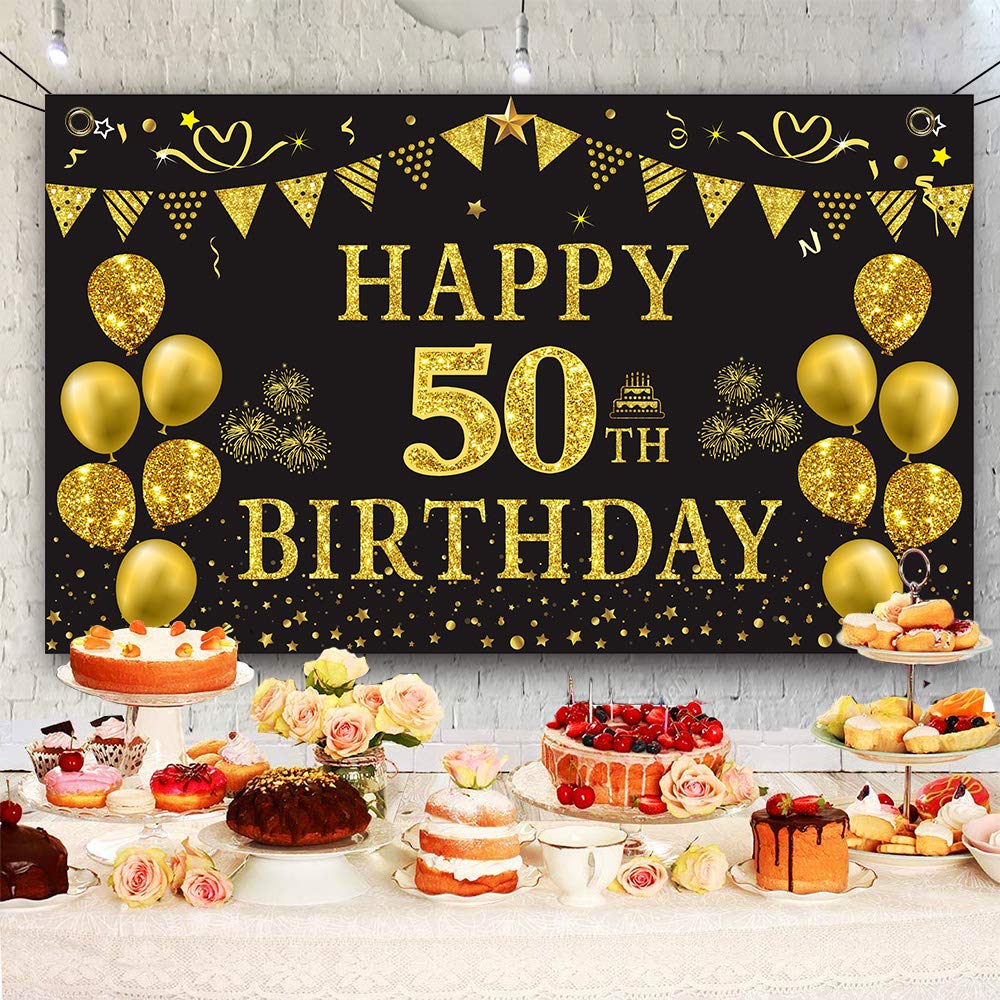 Trgowaul 50Th Birthday Backdrop Gold And Black 5.9 X 3.6 Fts Happy Birthday Party Decorations Banner For Women Men Photography S