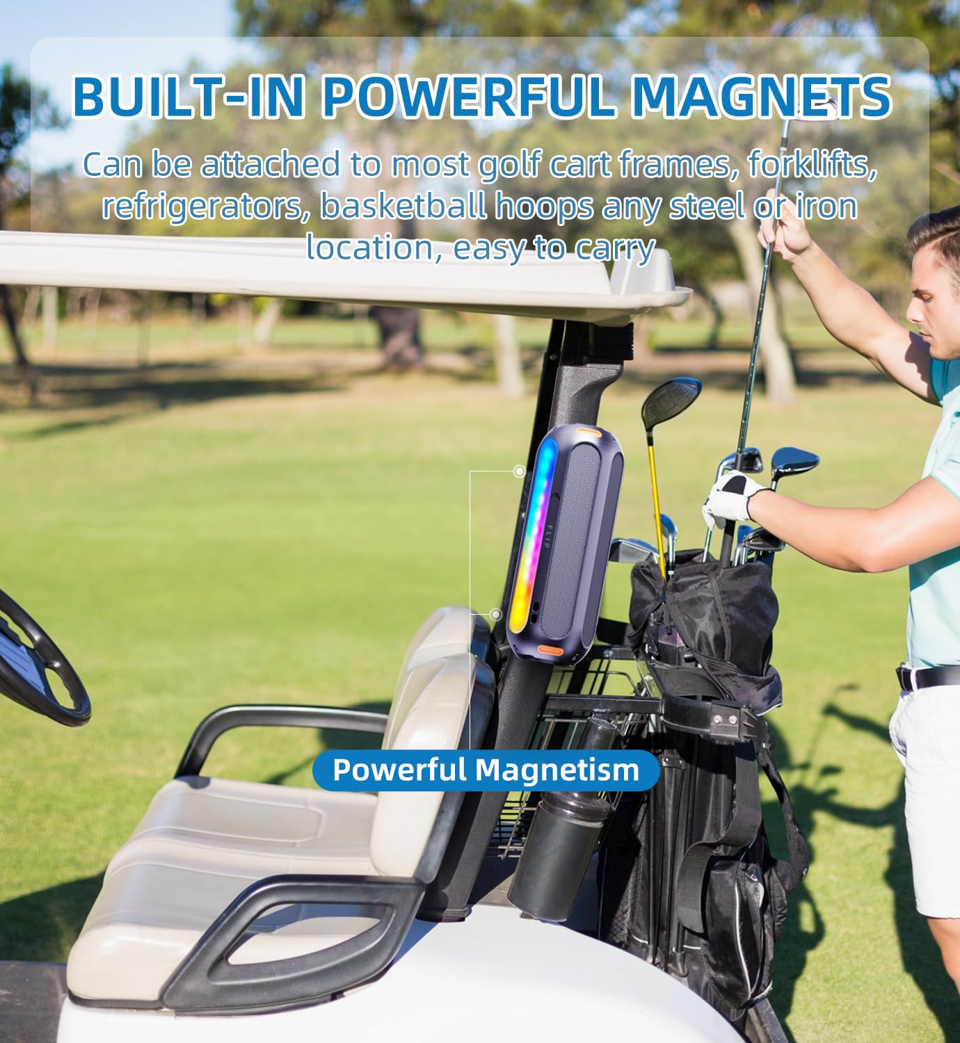 Abfoce Golf Speaker Magnetic Bluetooth Speaker With 7 Colorful Flashing Lights 20W Super Bass 15H Playtime Portable Waterproof F