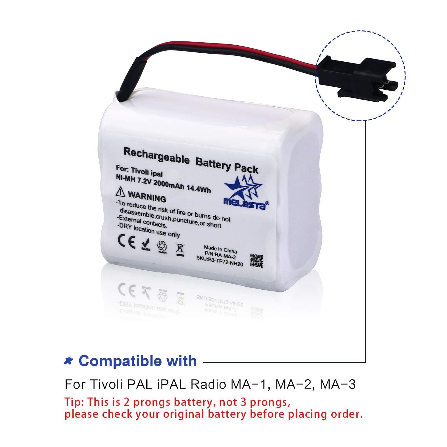 Melasta 7.2V 2000Mah Ni Mh Audio Replacement Battery Compatible With Tivoli Pal Ipal Radio (Ma 1, Ma 2, Ma 3 Compatible 2 Wire)