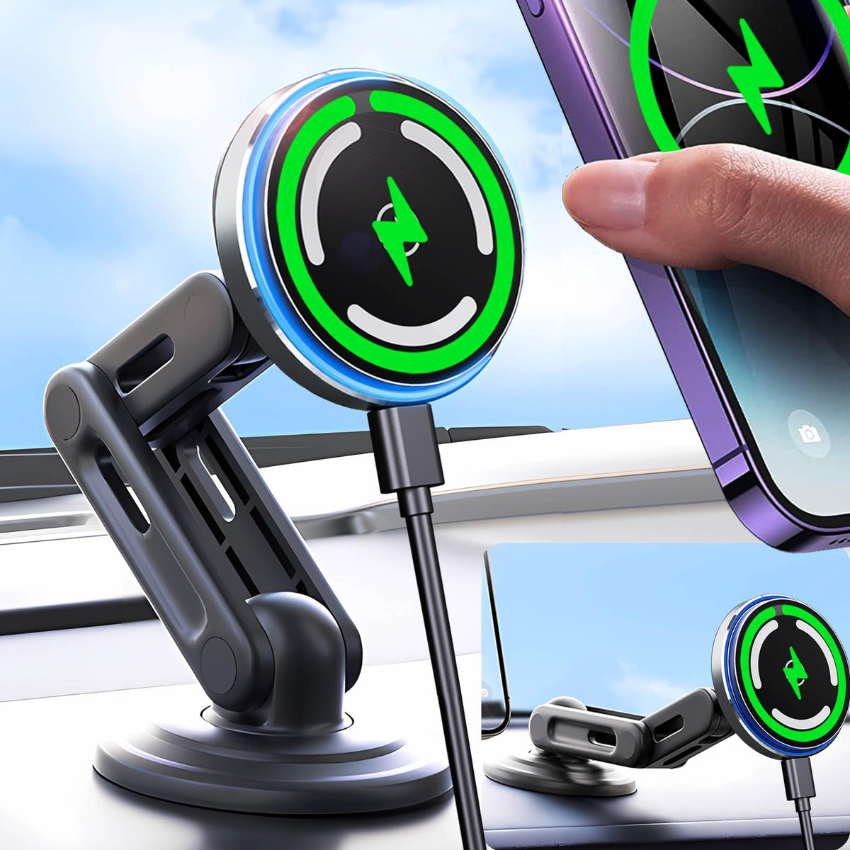 Wckesi For 15W Magsafe Car Mount Charger, Qi2 Ultra Strong Magnet Phone Holder,?Three-Fold Rotation? Led Magnetic Wireless Car C