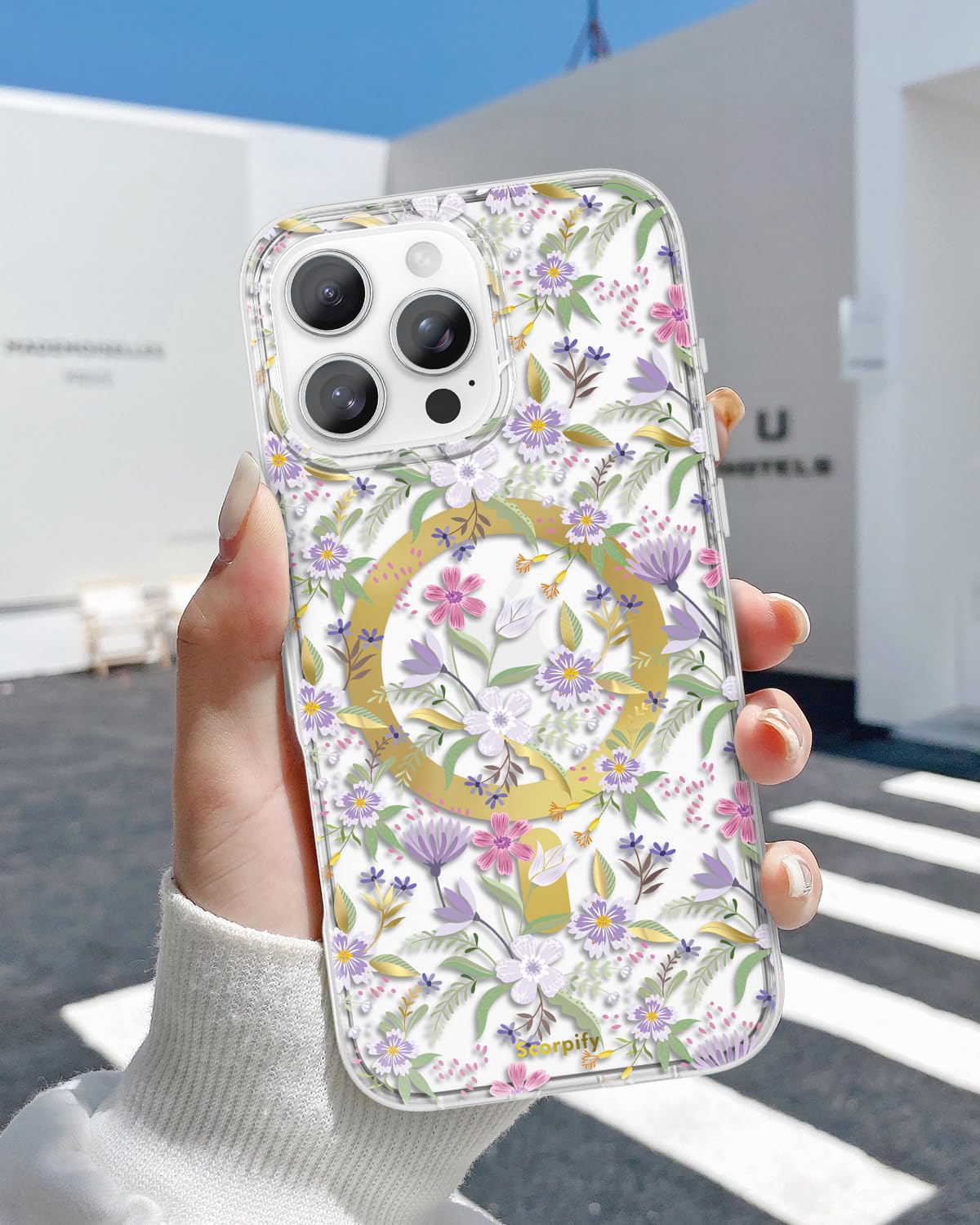 Scorpify For Iphone 16 Pro Max Case [Compatible With Magsafe] With Purple Cherry Floral Design, Cute Clear Flower Magnetic Phone