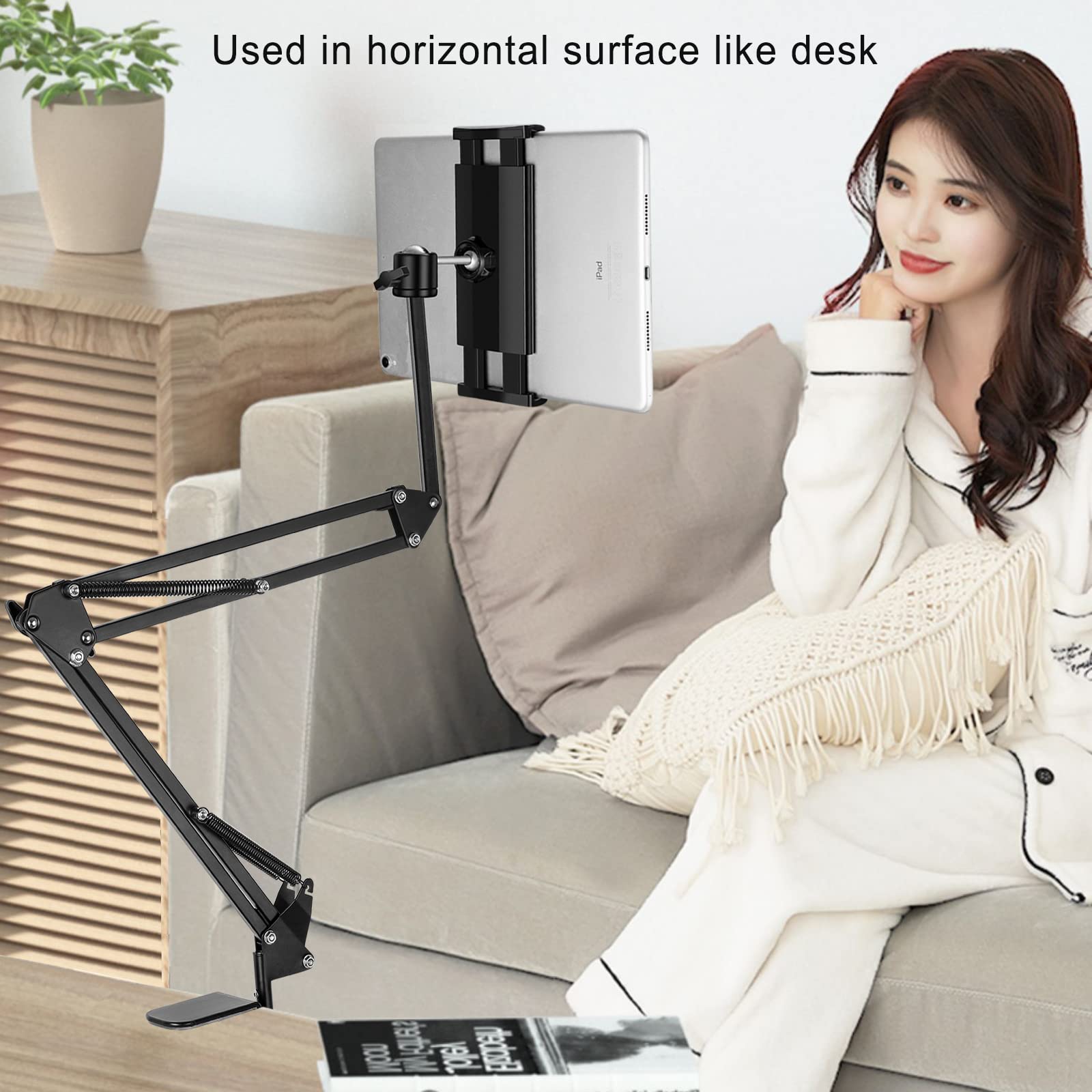 Tablet Stand Phone Holder Tablet Holder For Bed [Ultra Sturdy Bottom Clamp] , Flexible Tablet Arm Stand For Desk Mount Compatibl