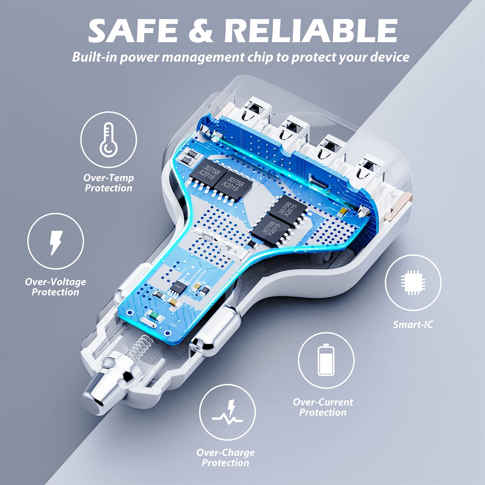 Sunda 48W/9.6A Usb Fast Car Charger, 4 Ports Car Charger Adapter For Apple And Android Smart Phones, Car Phone Smart Charger Com