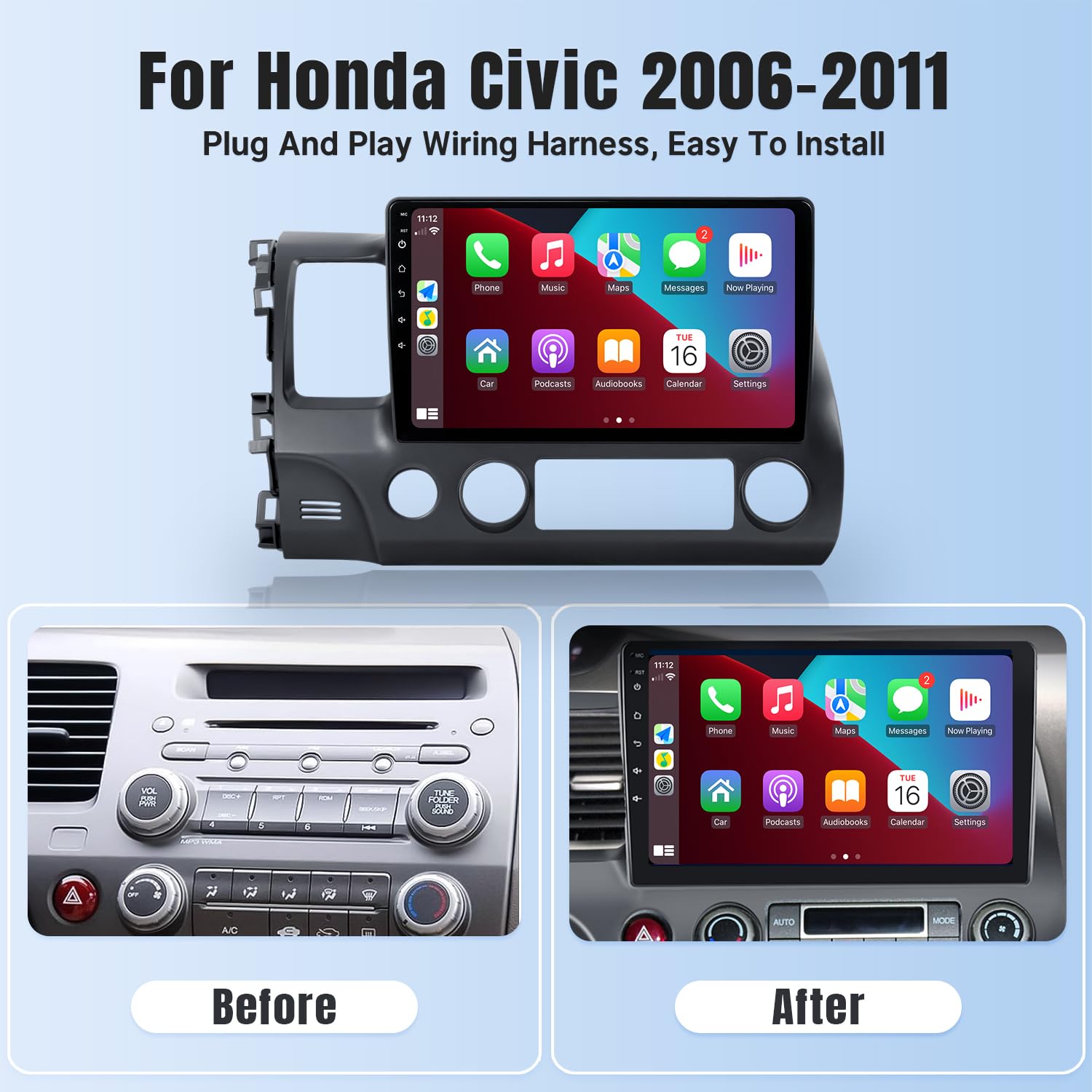 Naifay Android Car Stereo For Honda Civic 2006 2007 2008 2009 2010 2011 With Wireless Carplay Android Auto, 2G+32G 10.1'' Hd Tou